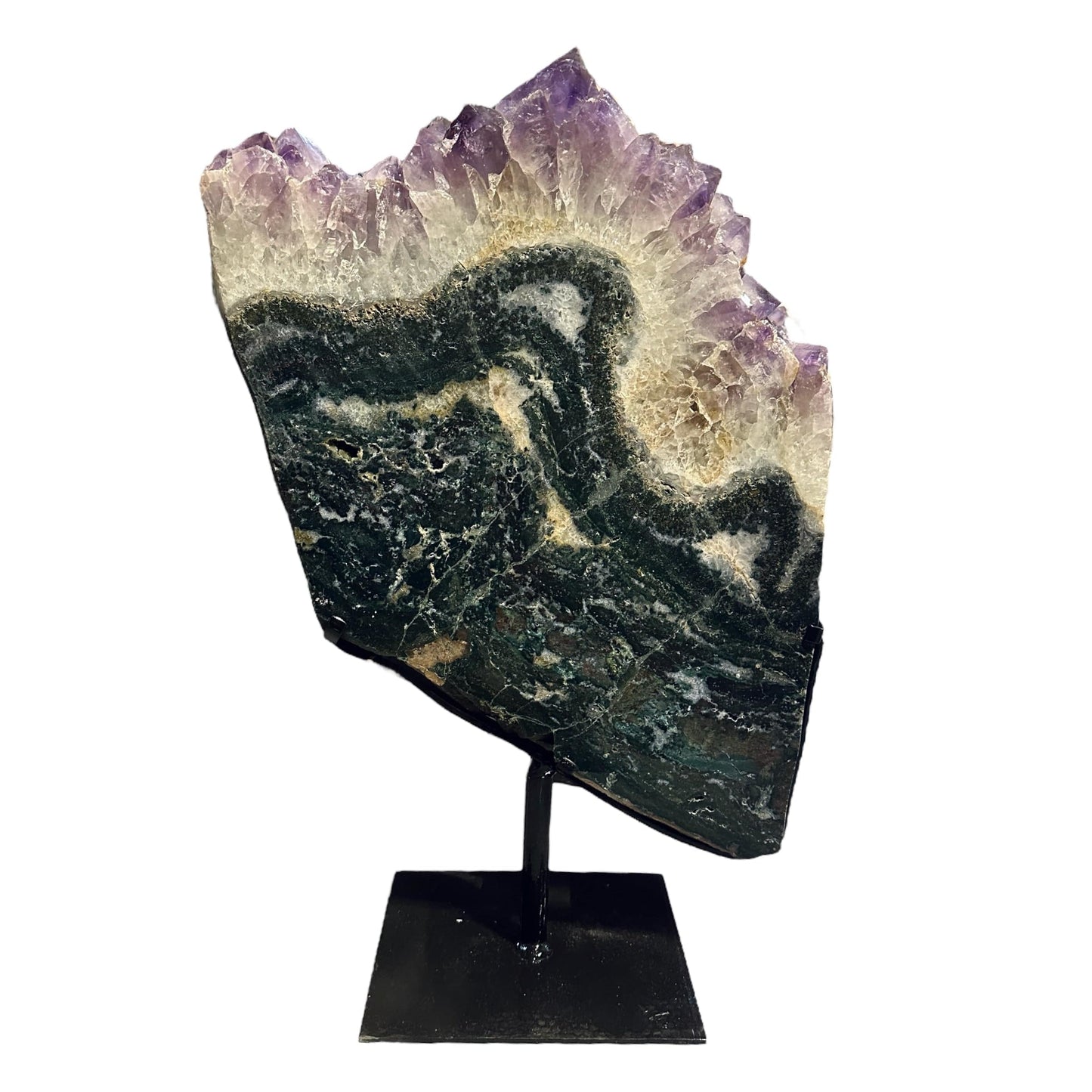 amethyst with jasper on metal stand on white background