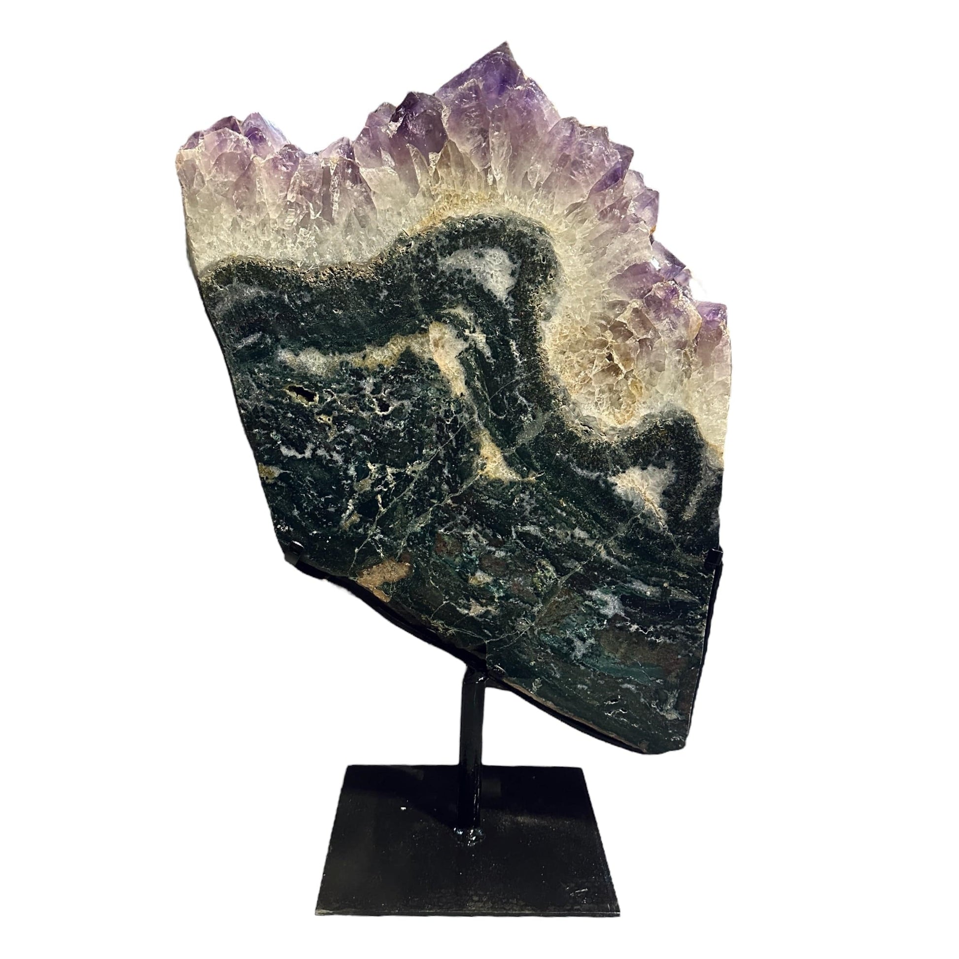 amethyst with jasper on metal stand on white background
