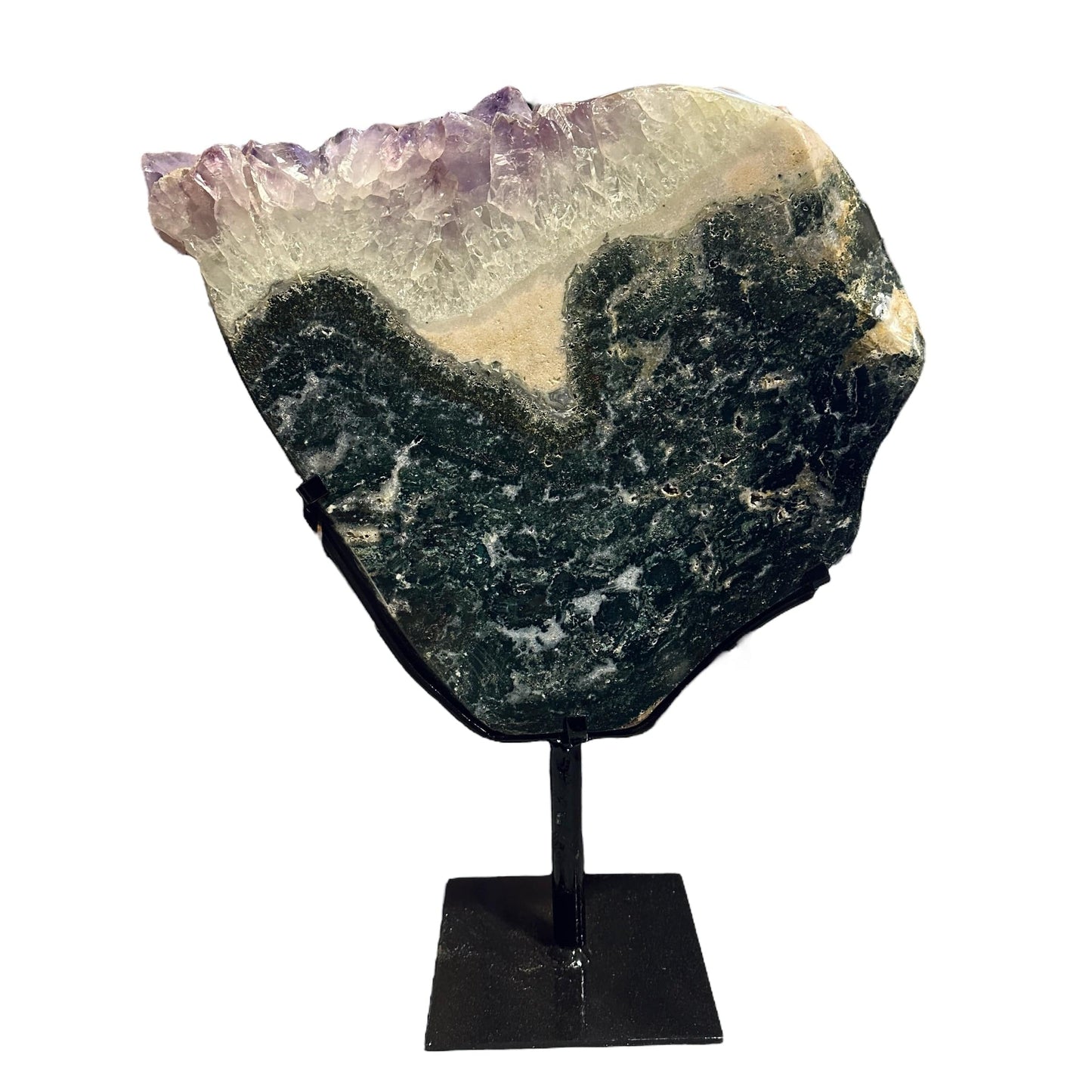 amethyst with jasper on metal stand on white background