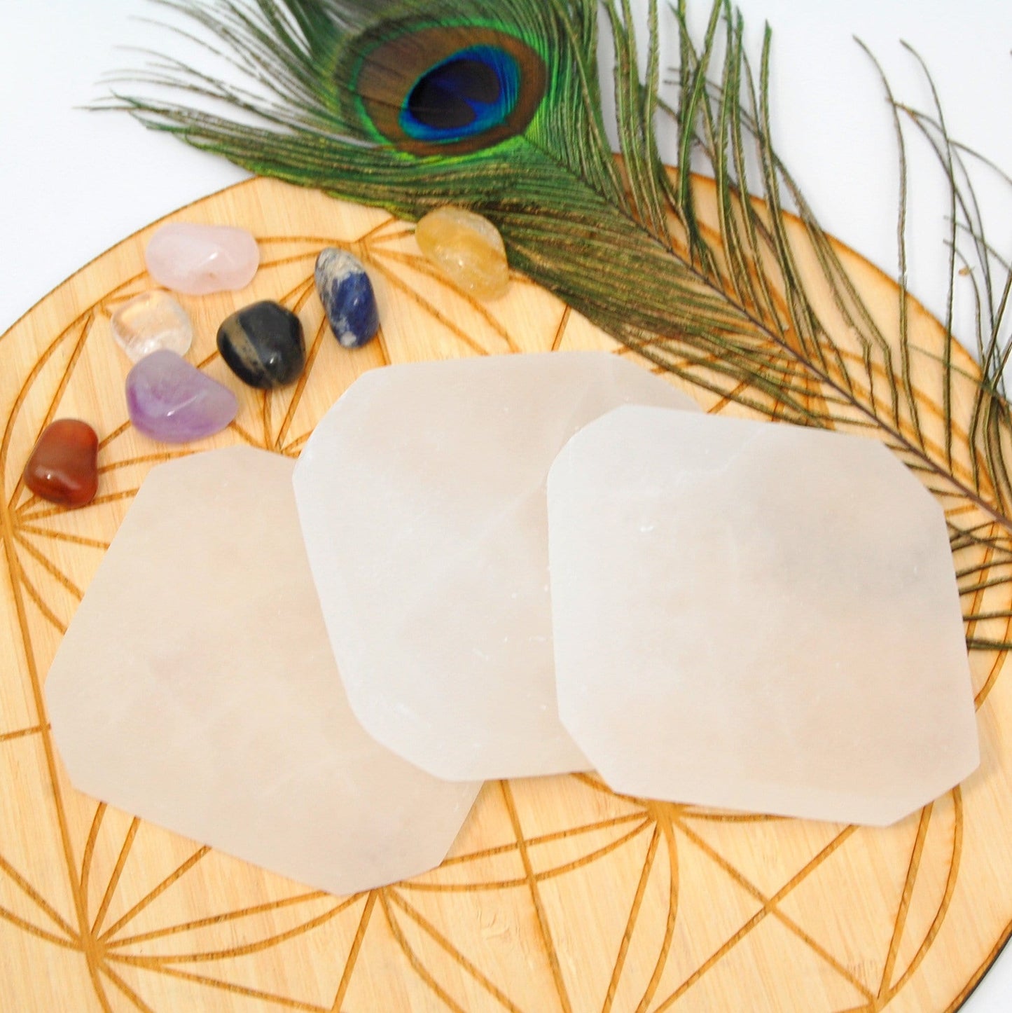 selenite charging plates on display