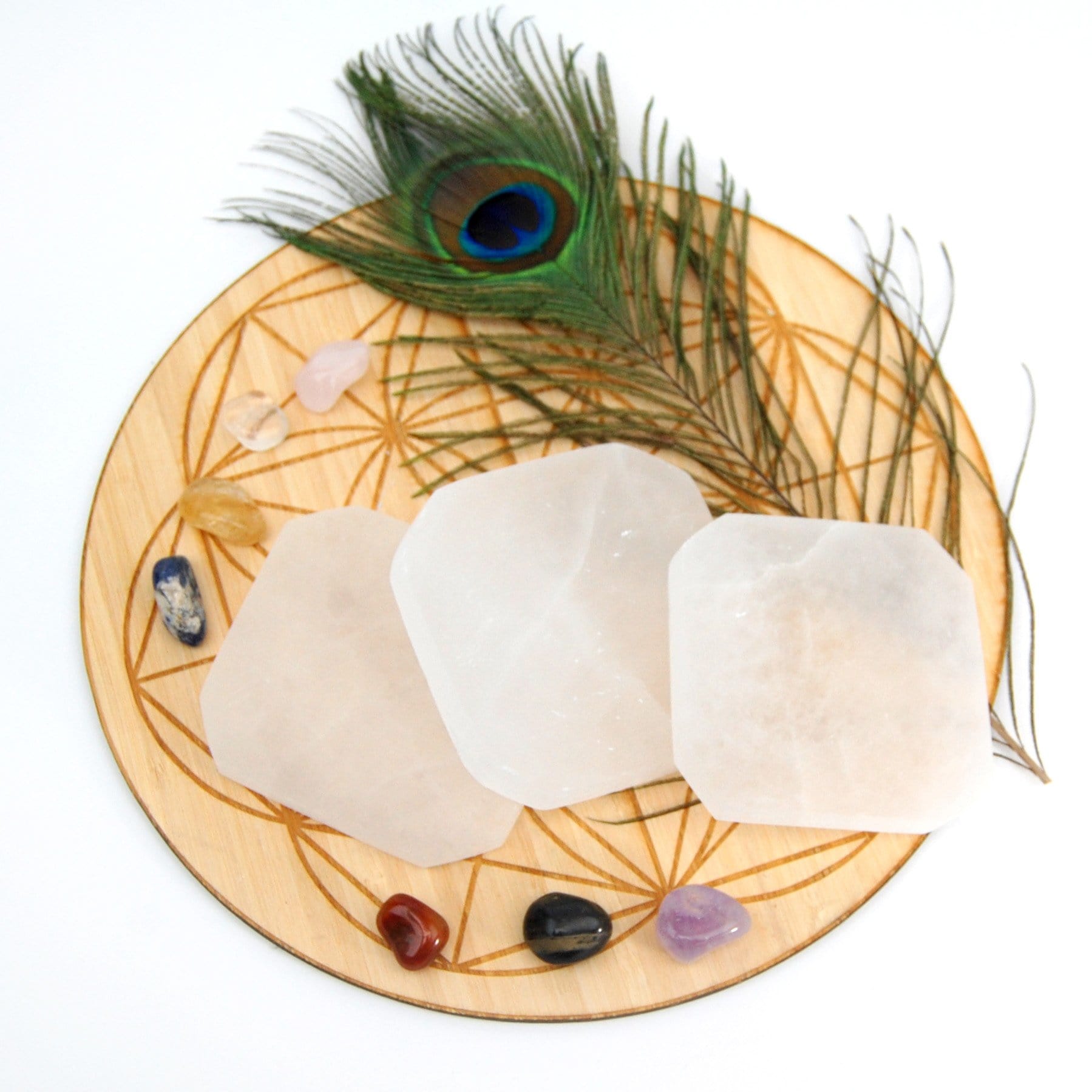 selenite charging plates on display