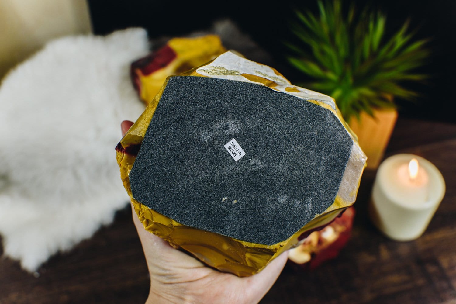 bottom felt view of mookaite candle holder