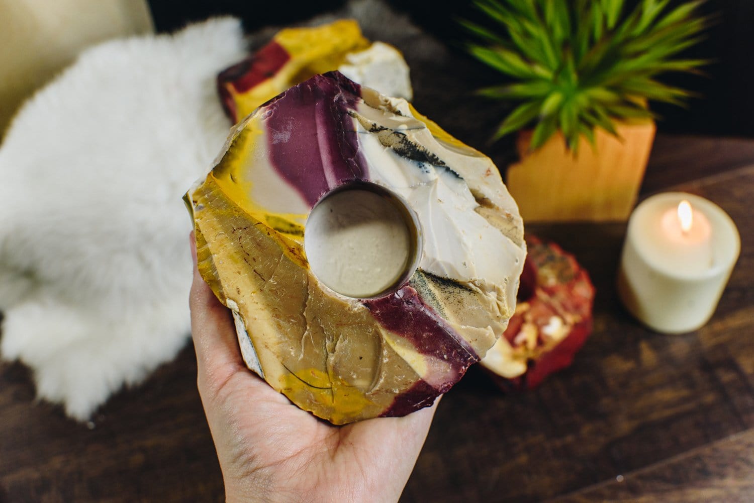 close up of one mookaite candle holder