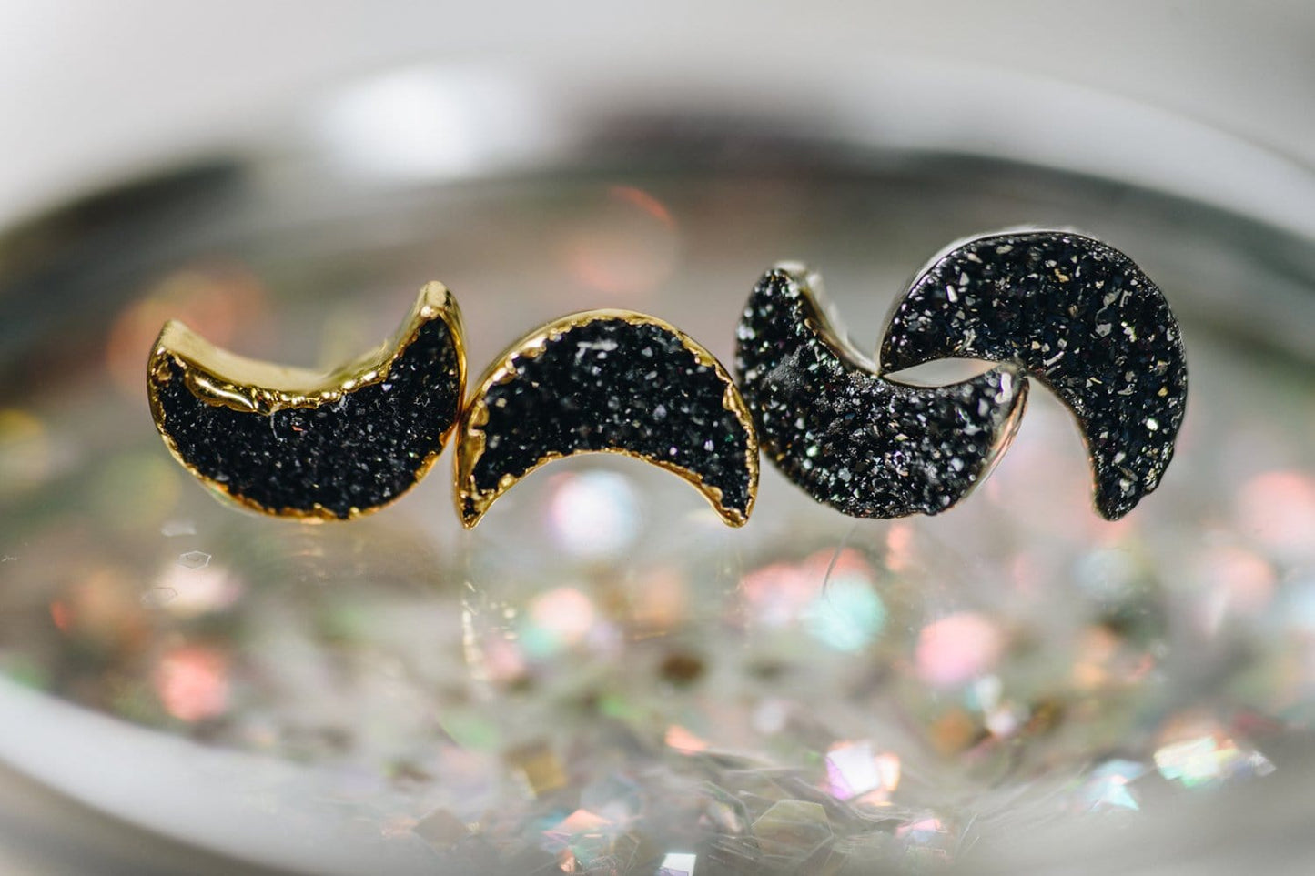 2 pairs of black druzy moon earrings