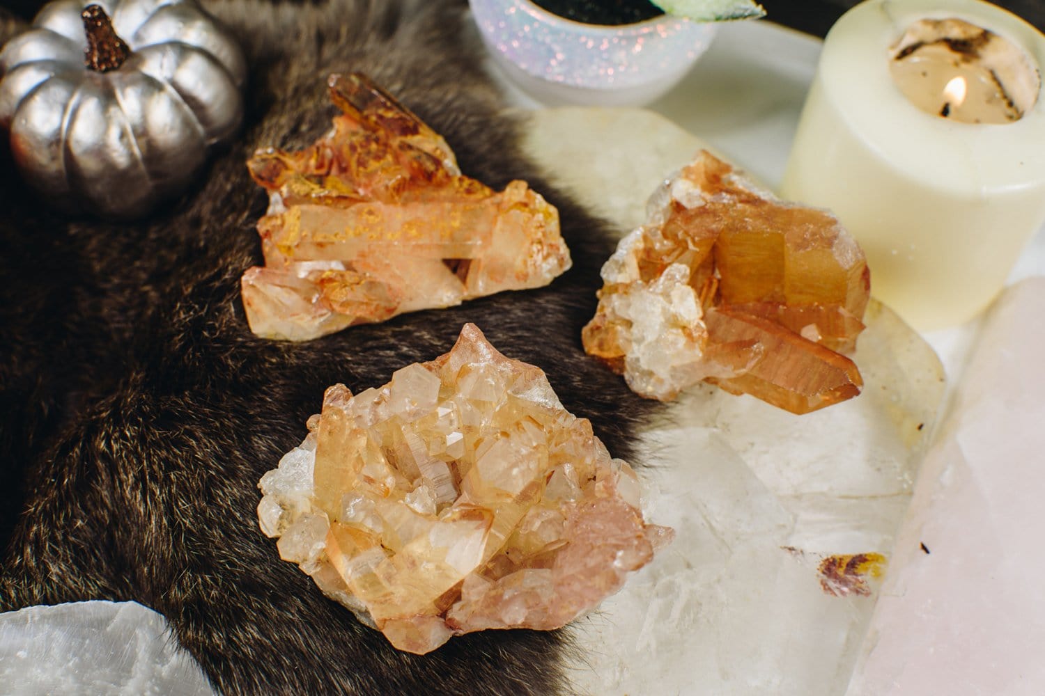 3 Tangerine Quartz Clusters on fur décor