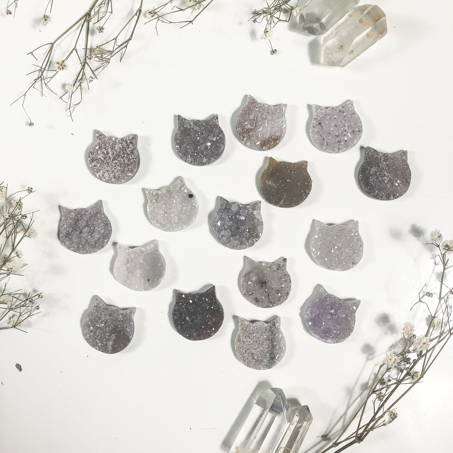 multiple agate cat head cabochons displayed to show the differences in the color shades 