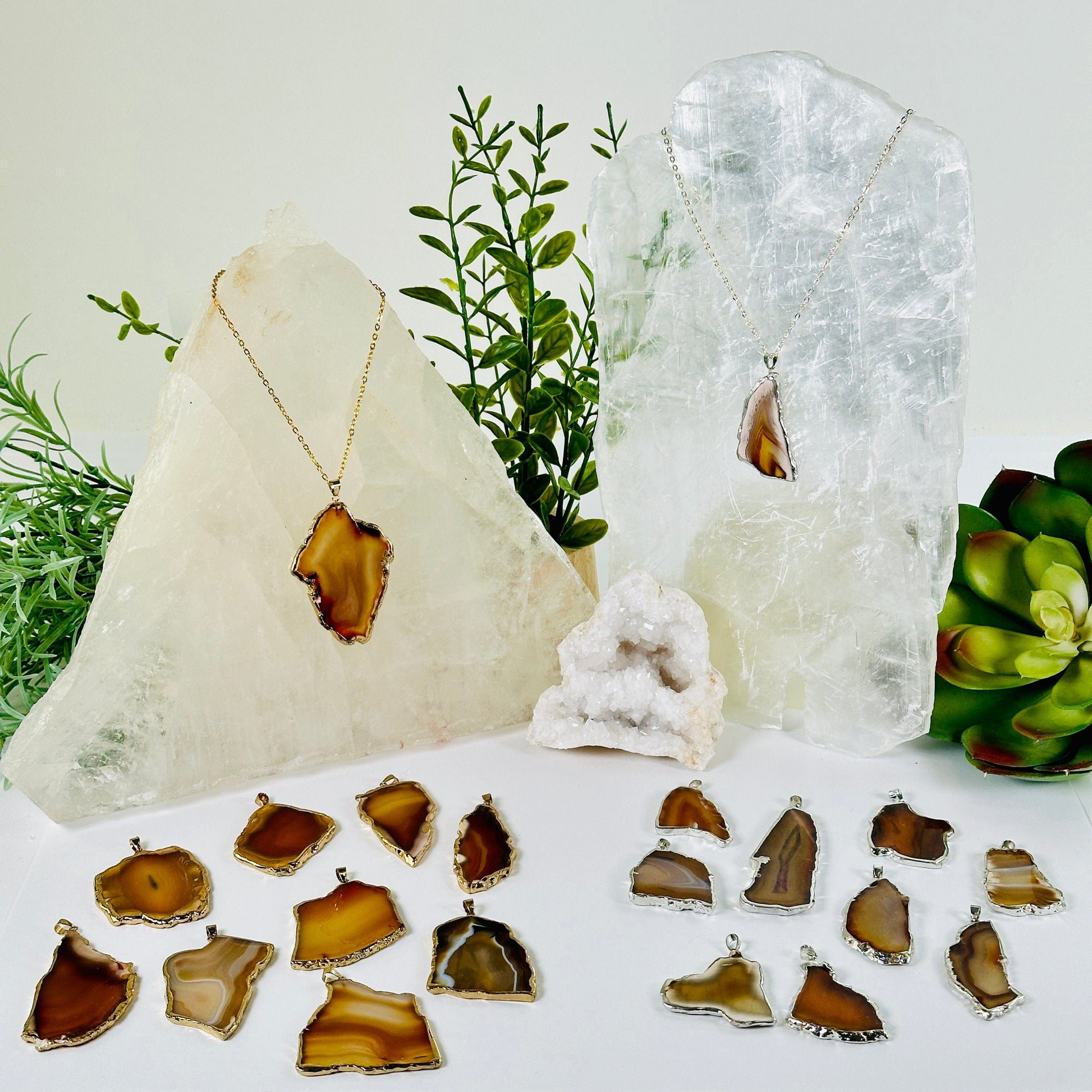 Agate Freeform Gold or Silver Plated Crystal Pendant - You Choose Color and Finish natural variants lifestyle shot