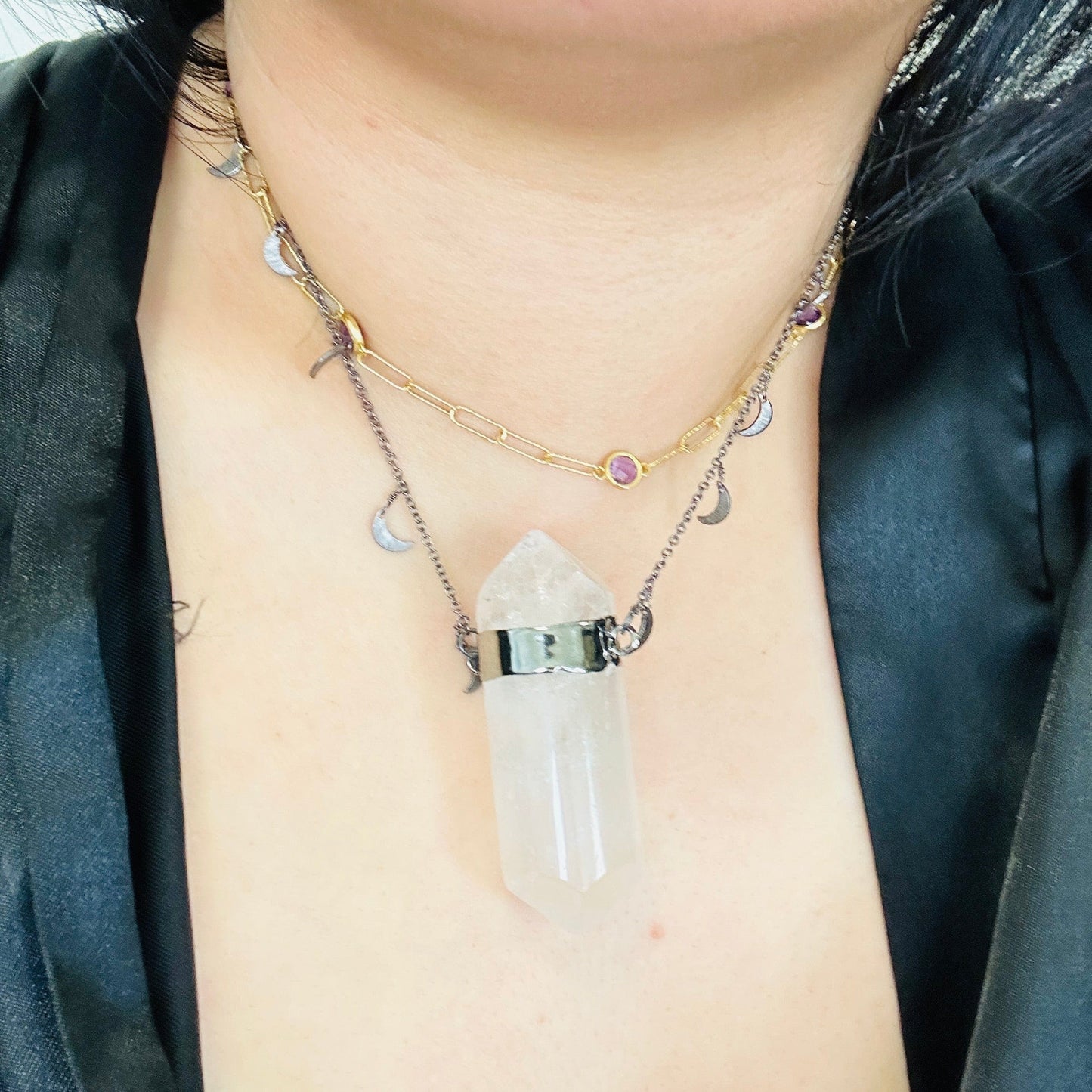 Crystal Quartz Large Pendant with Oxidized Sterling Silver Moon or Star Chain - You Choose Style moons variant worn around neck