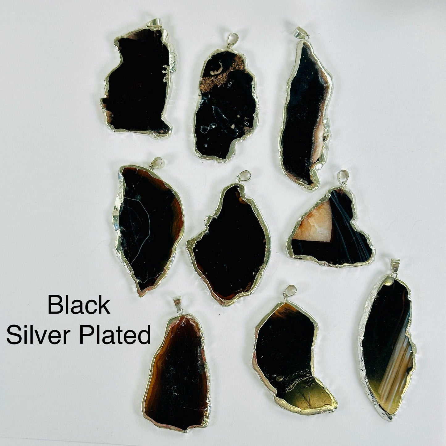 Agate Freeform Gold or Silver Plated Crystal Pendant - You Choose Color and Finish 9 each black silver plated variant labeled