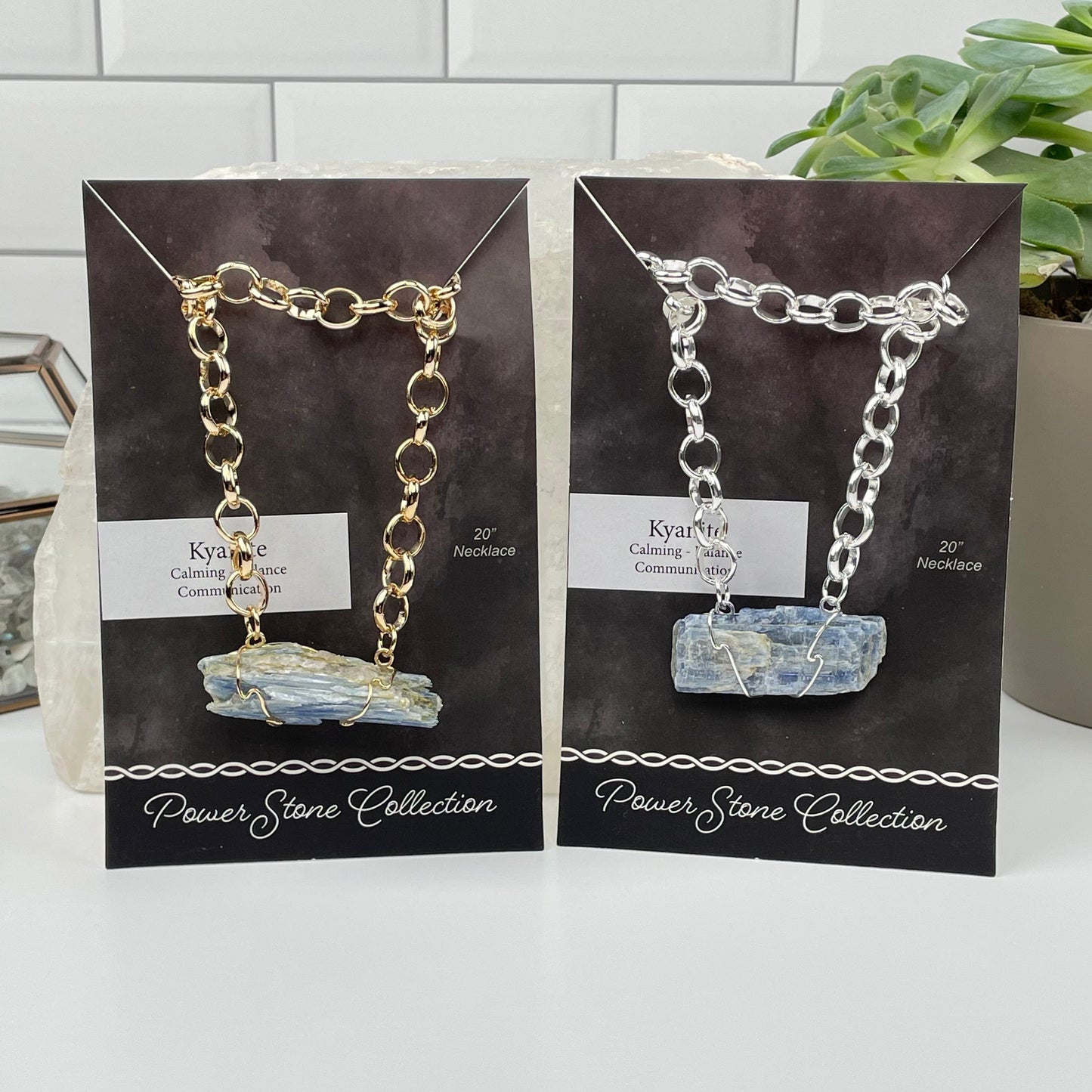 Power Stone Crystal Necklaces come in gold or silver. available in kyanite