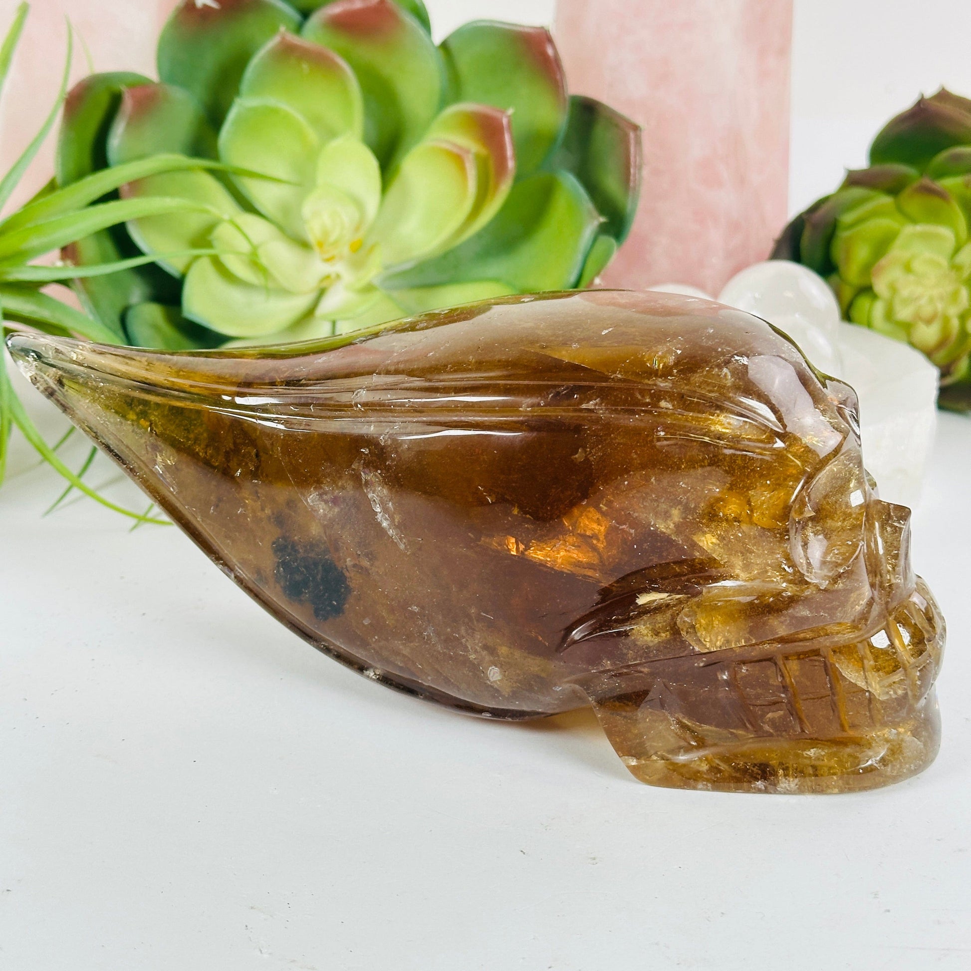 Smoky Citrine Crystal Skull Sculpture - One-of-a-Kind side view