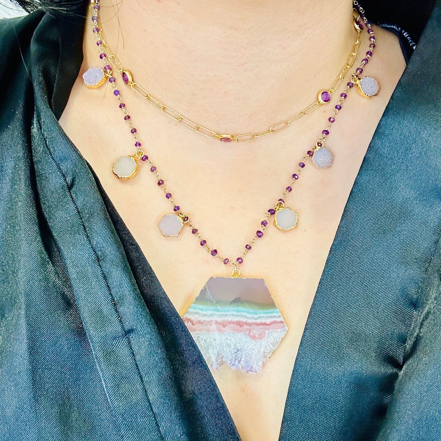  Amethyst Hexagon Crystal Charm Necklace with Amethyst Beaded Chain - Gold over Sterling Silver worn around neck