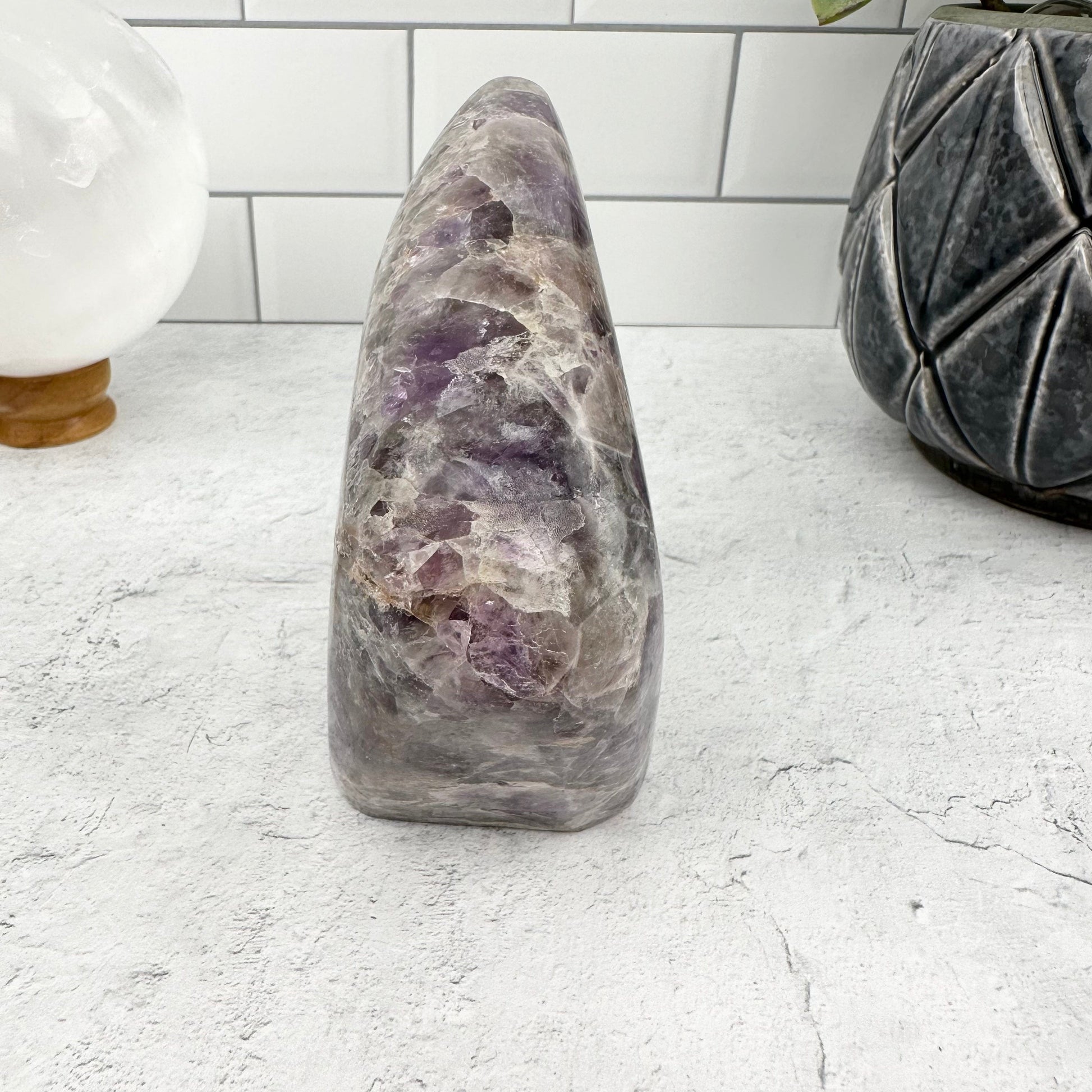 Chevron Amethyst Polished Freeform - OOAK - side view of thickness 