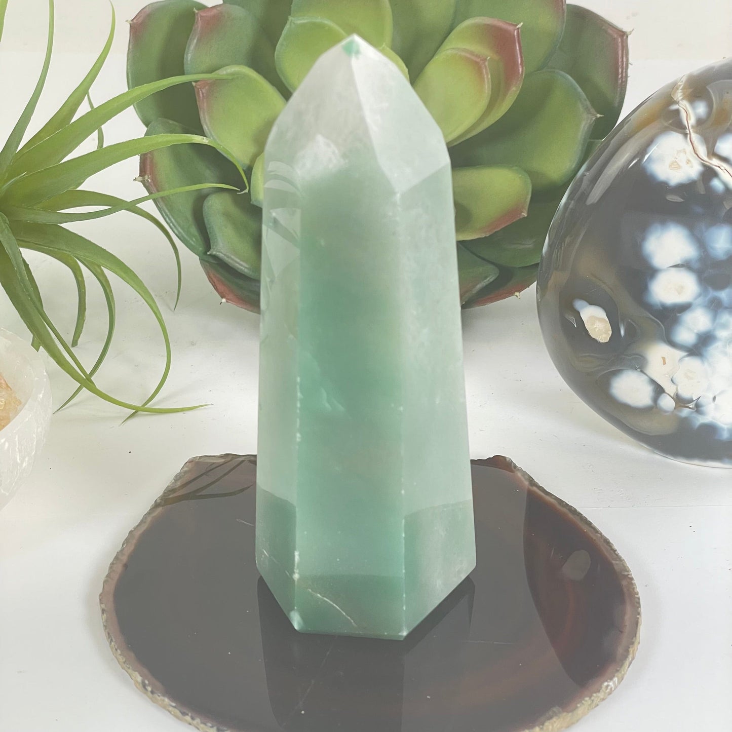 Green and White Quartz Polished Crystal Point - One-of-a-Kind back view