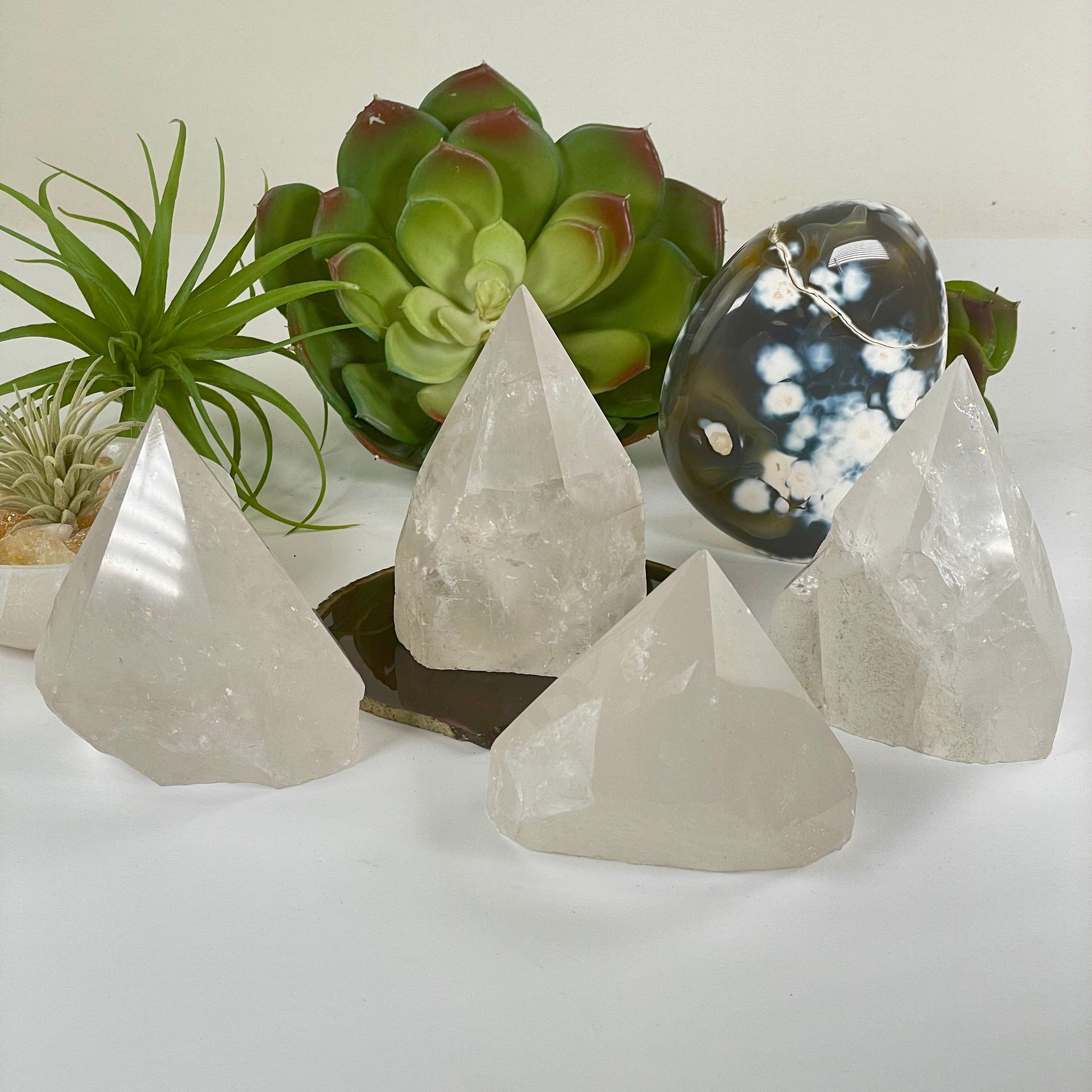 Crystal Quartz Semi Polished Point - As Is - You Choose all variants with plants and props in the background