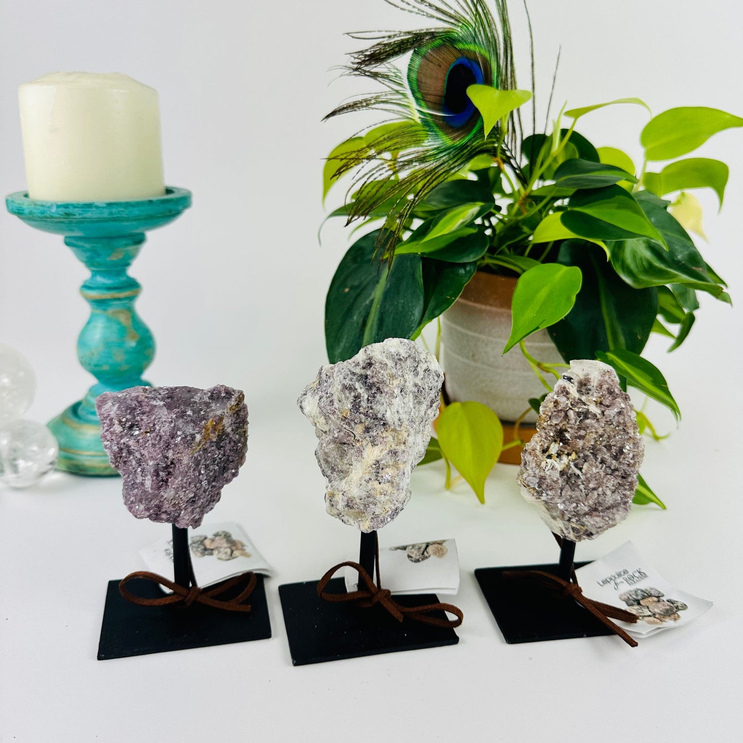 3 Lepidolite on Metal Stands on display