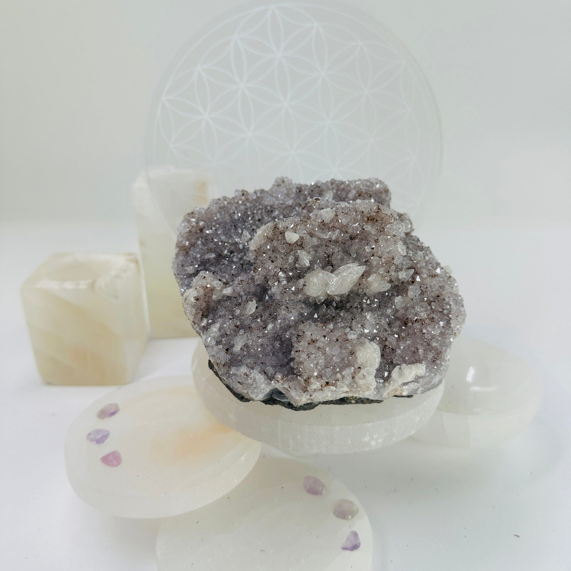Raw Amethyst Cluster with Mica - light purple amethyst with mica and calcite side view