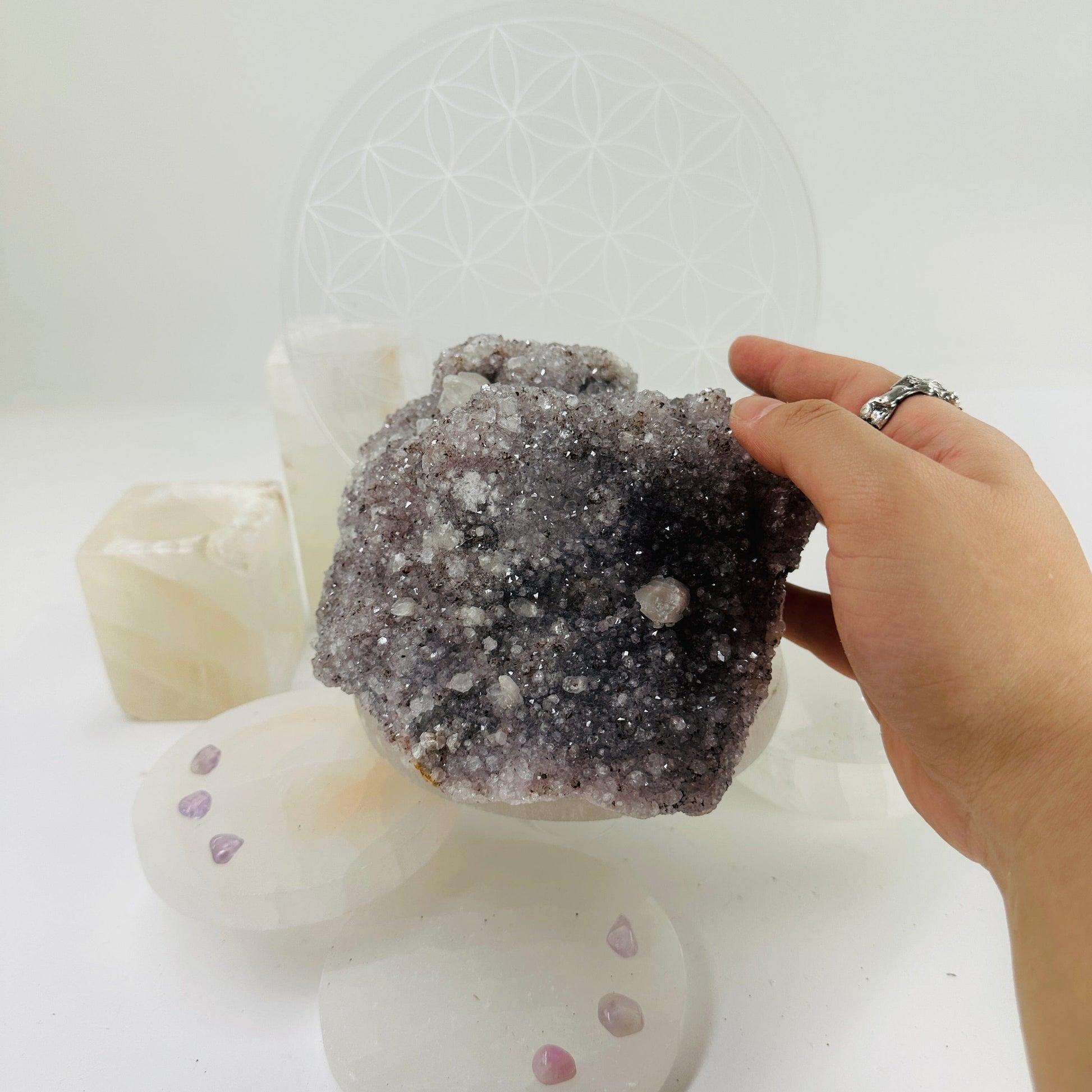 Raw Amethyst Cluster with Mica - light purple amethyst with mica and calcite side view with hand for size reference