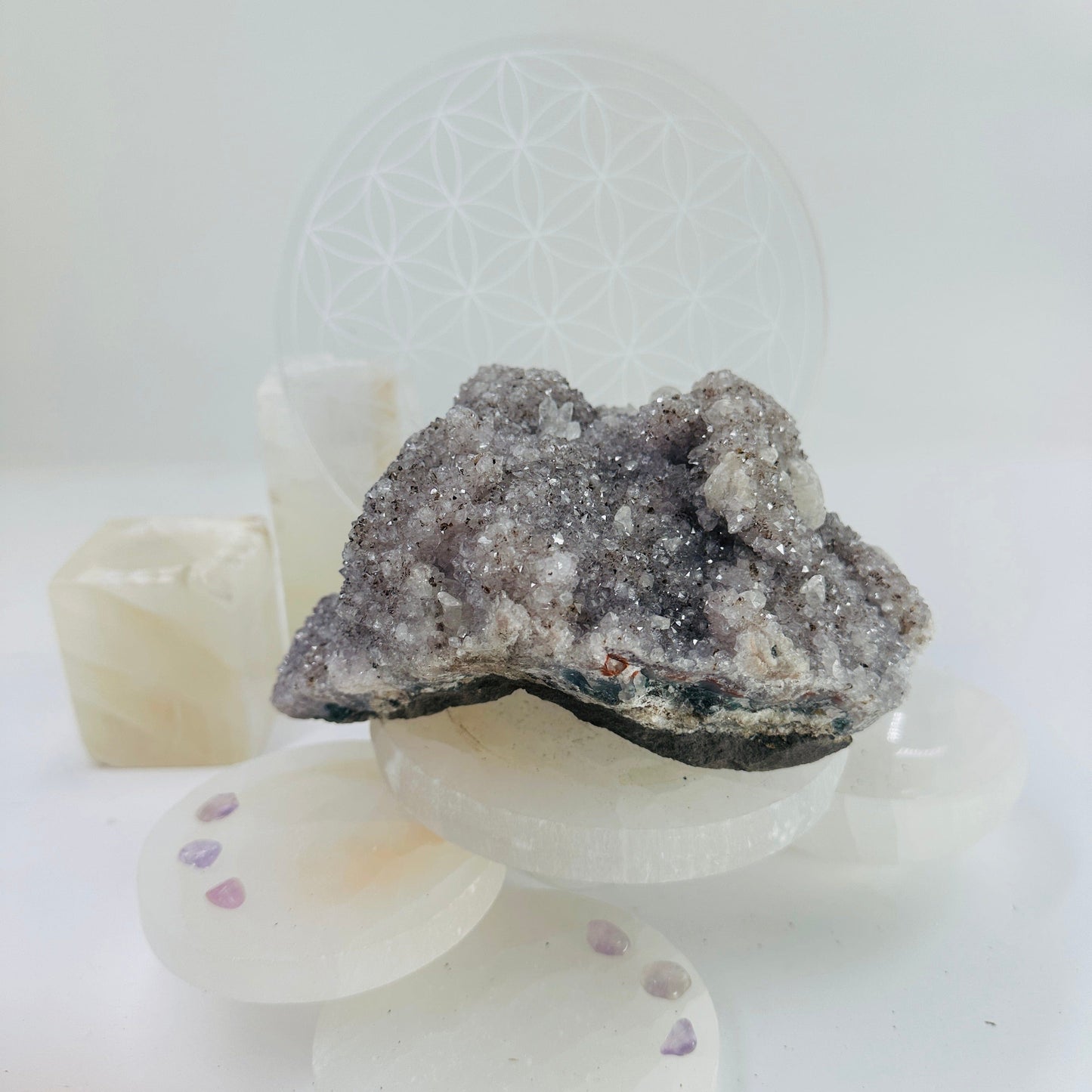 Raw Amethyst Cluster with Mica - light purple amethyst with mica and calcite back view