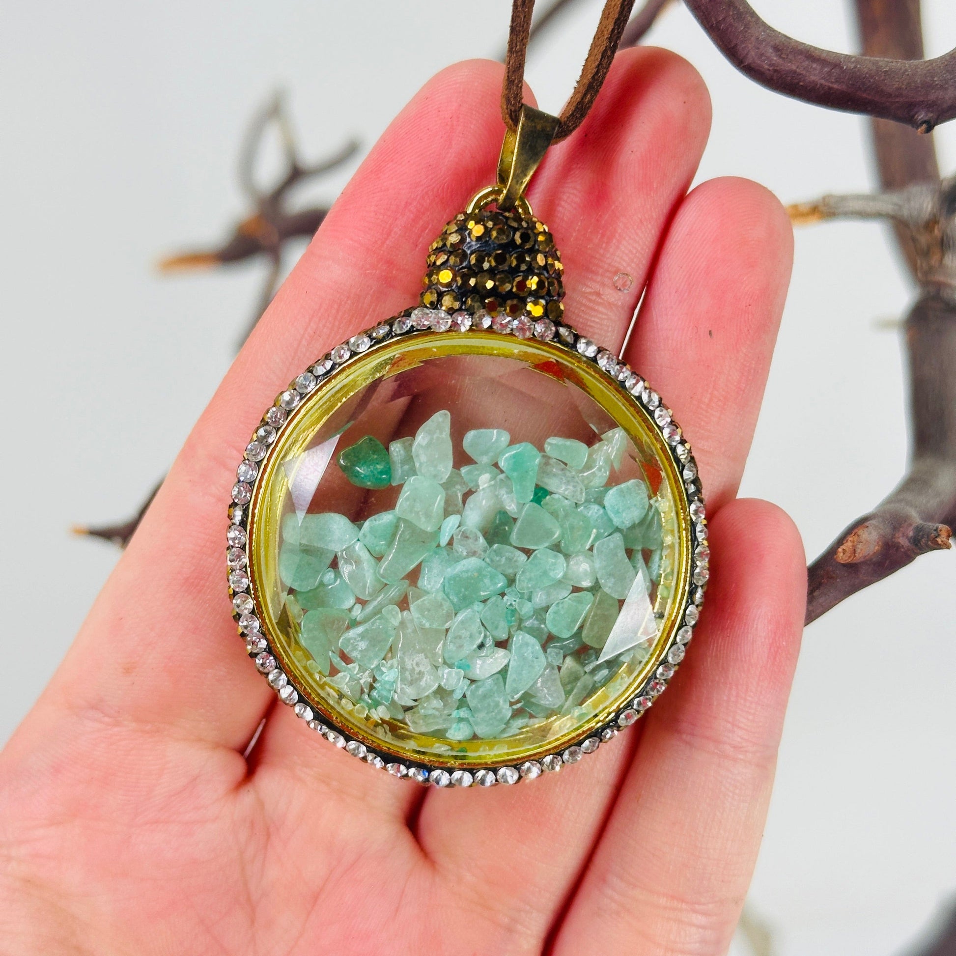 green quartz ornament with decorations background
