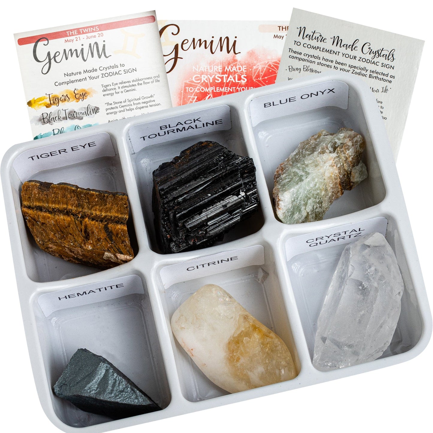 Photo of six crystals contained in the gemini horoscope box.