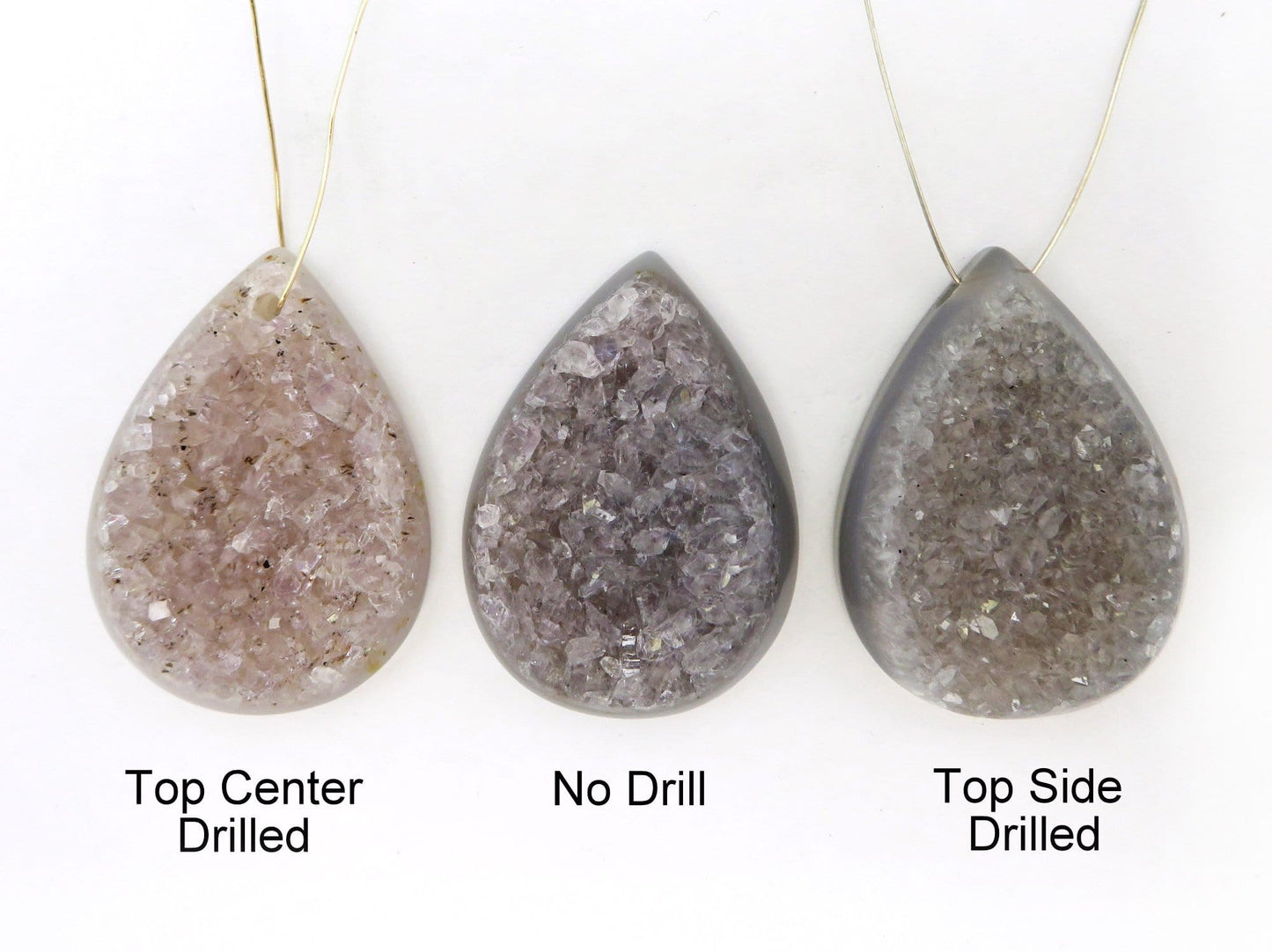 3 druzy cabs, top drilled, no drill and top side drilled