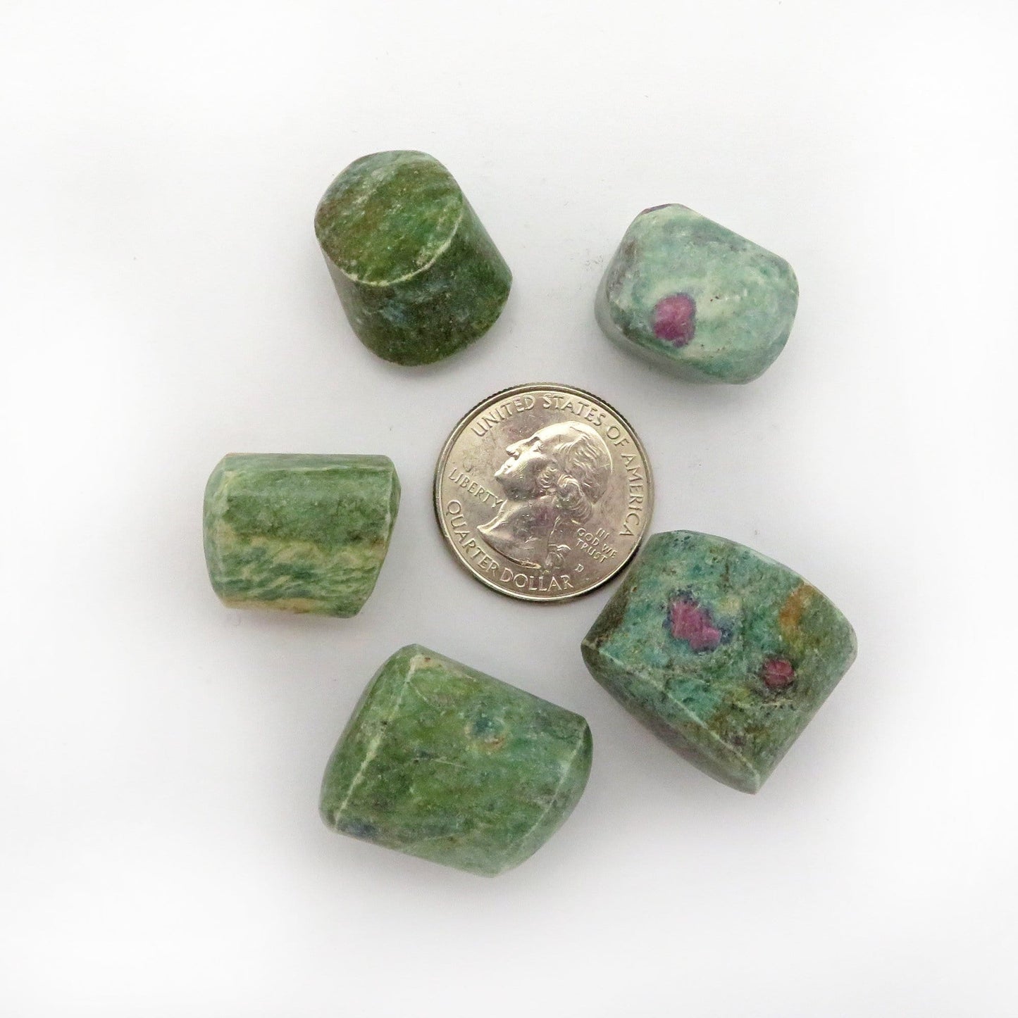 5 pieces of ruby fuchsite around a quarter
