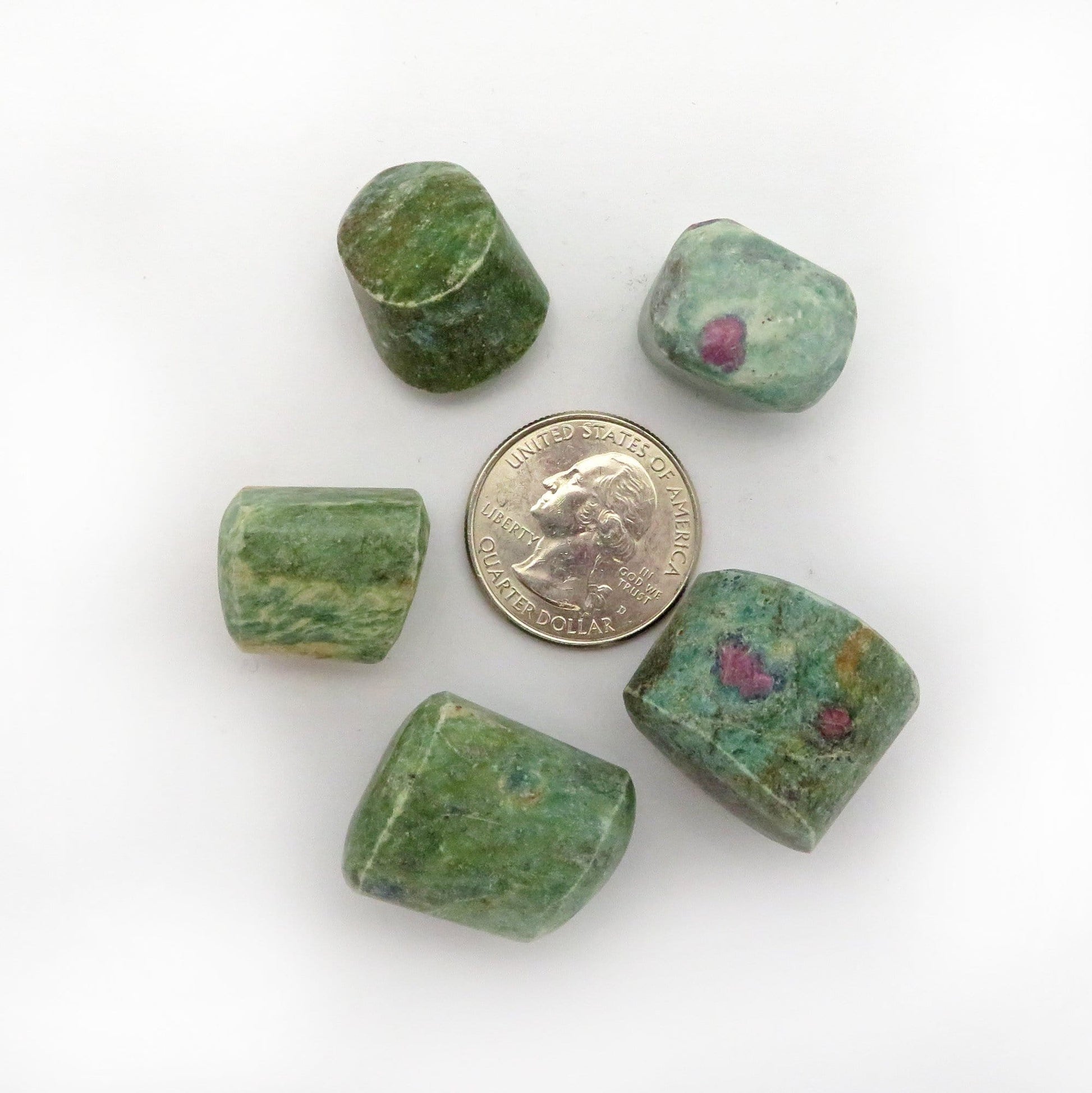 5 pieces of ruby fuchsite around a quarter