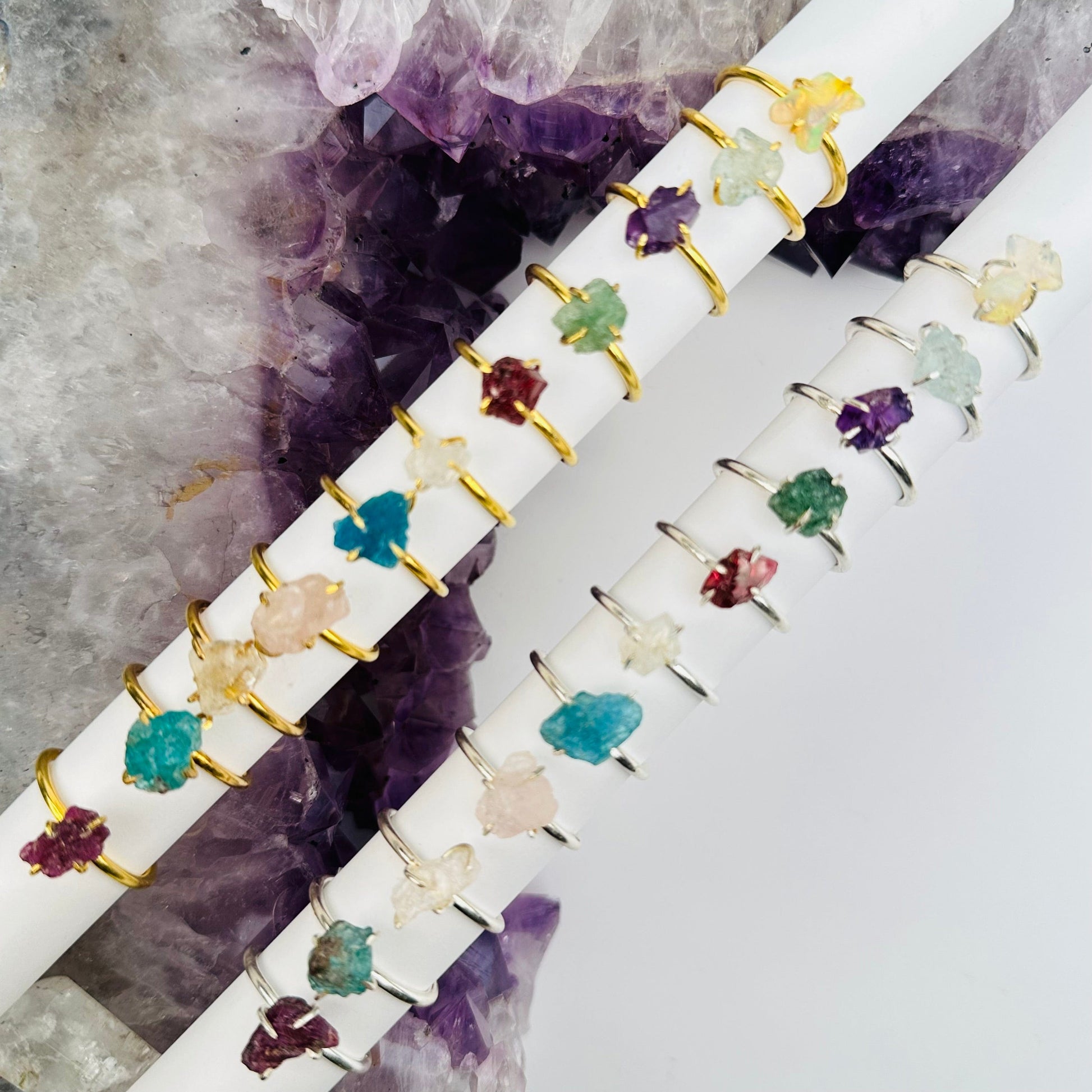 gemstone rings available in gold or silver 