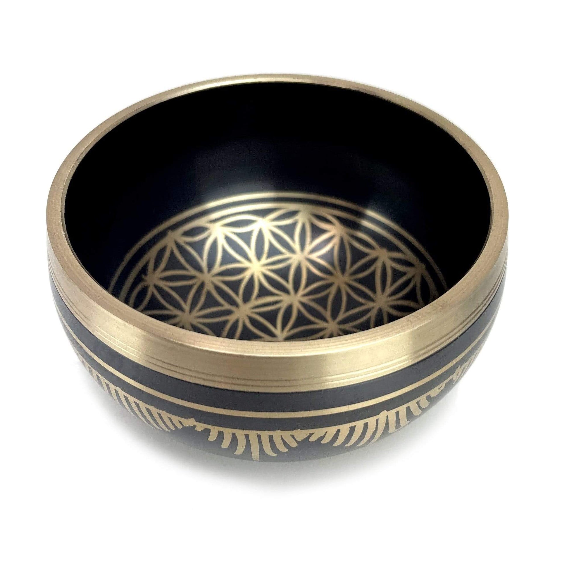 Brass Singing Bowl Set in black with a flower of life design inside