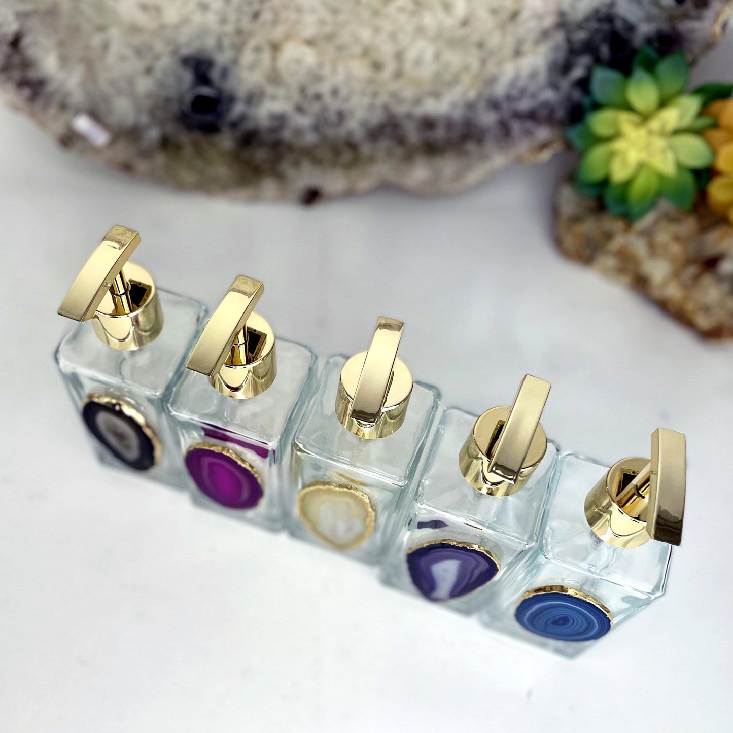 Top shot of agate soap dispensers.