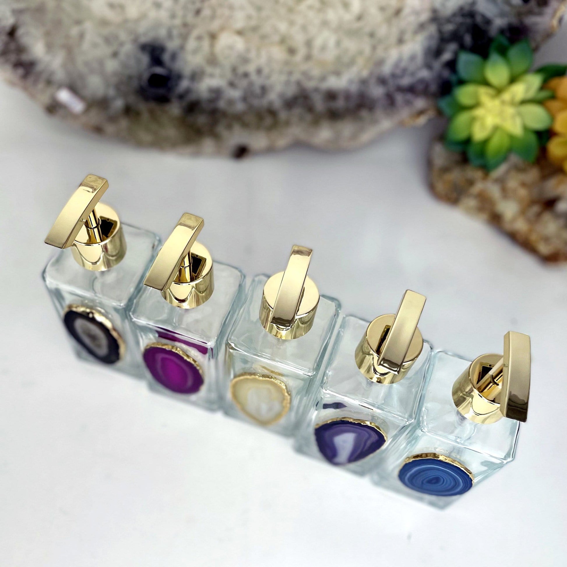 Top shot of agate soap dispensers.