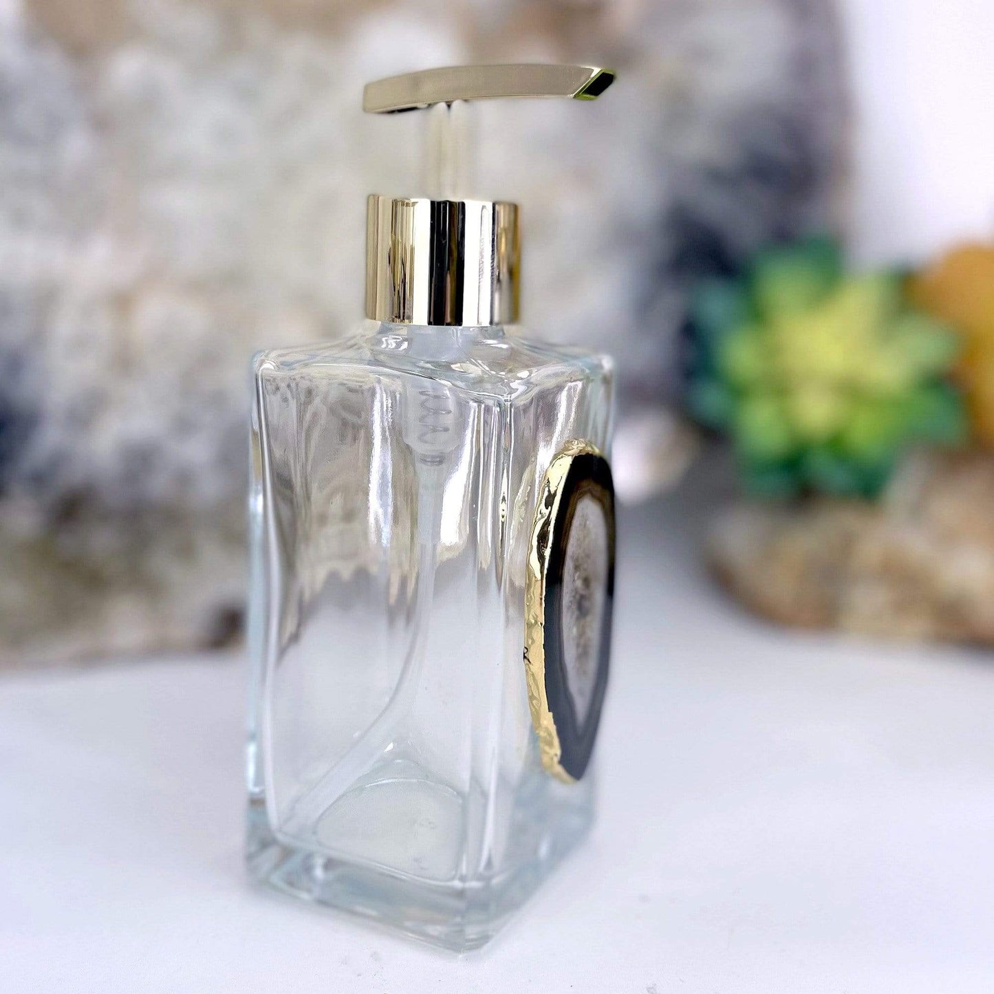 side shot picture of our black agate soap dispenser.