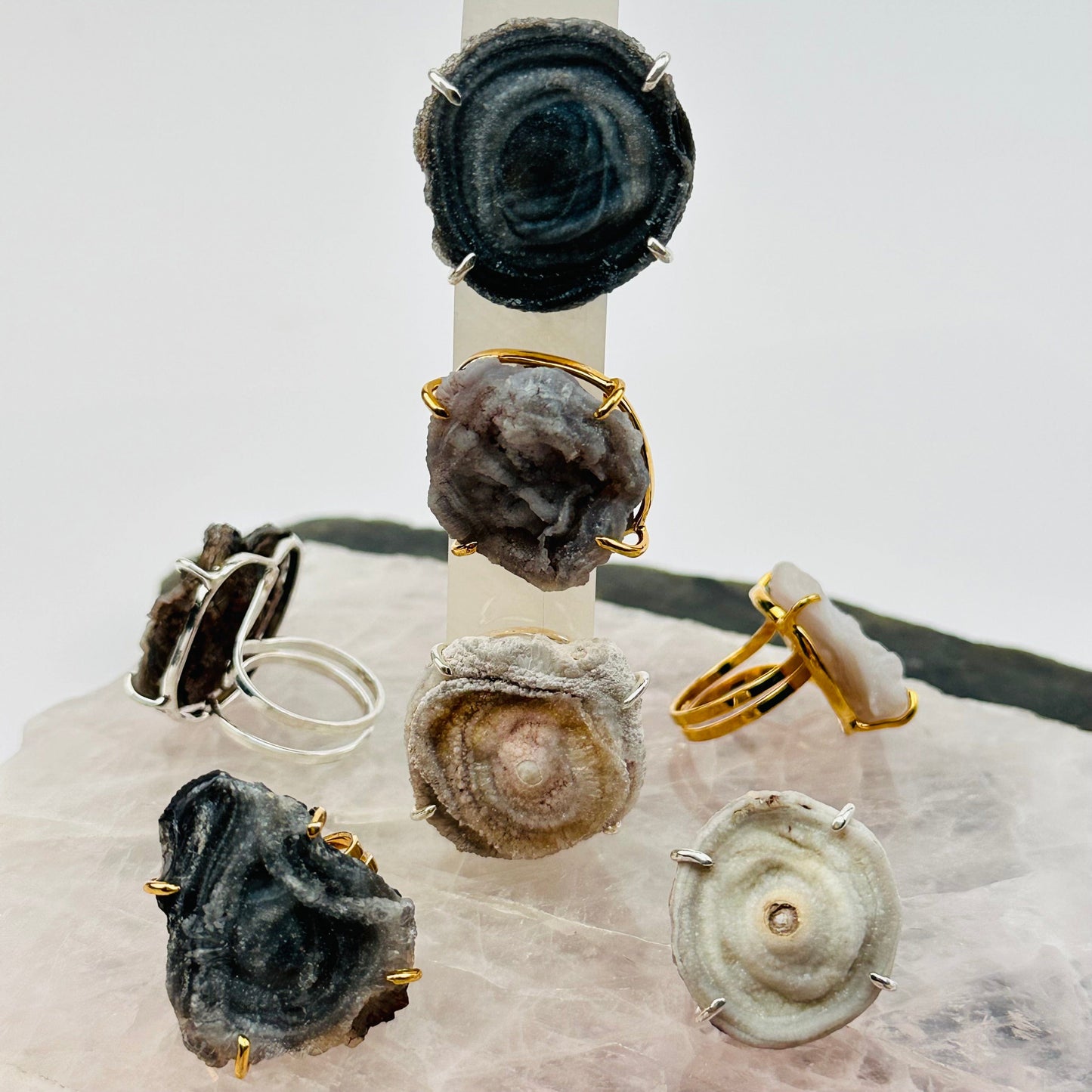 chalcedony rings come in silver or gold and are adjustable 