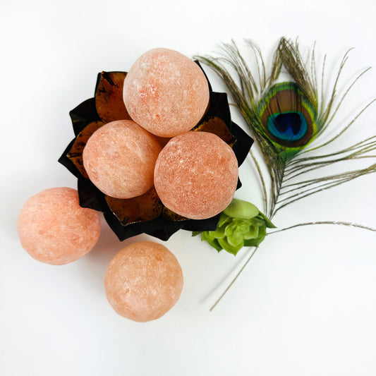Himalayan Salt Crystal Orbs on display