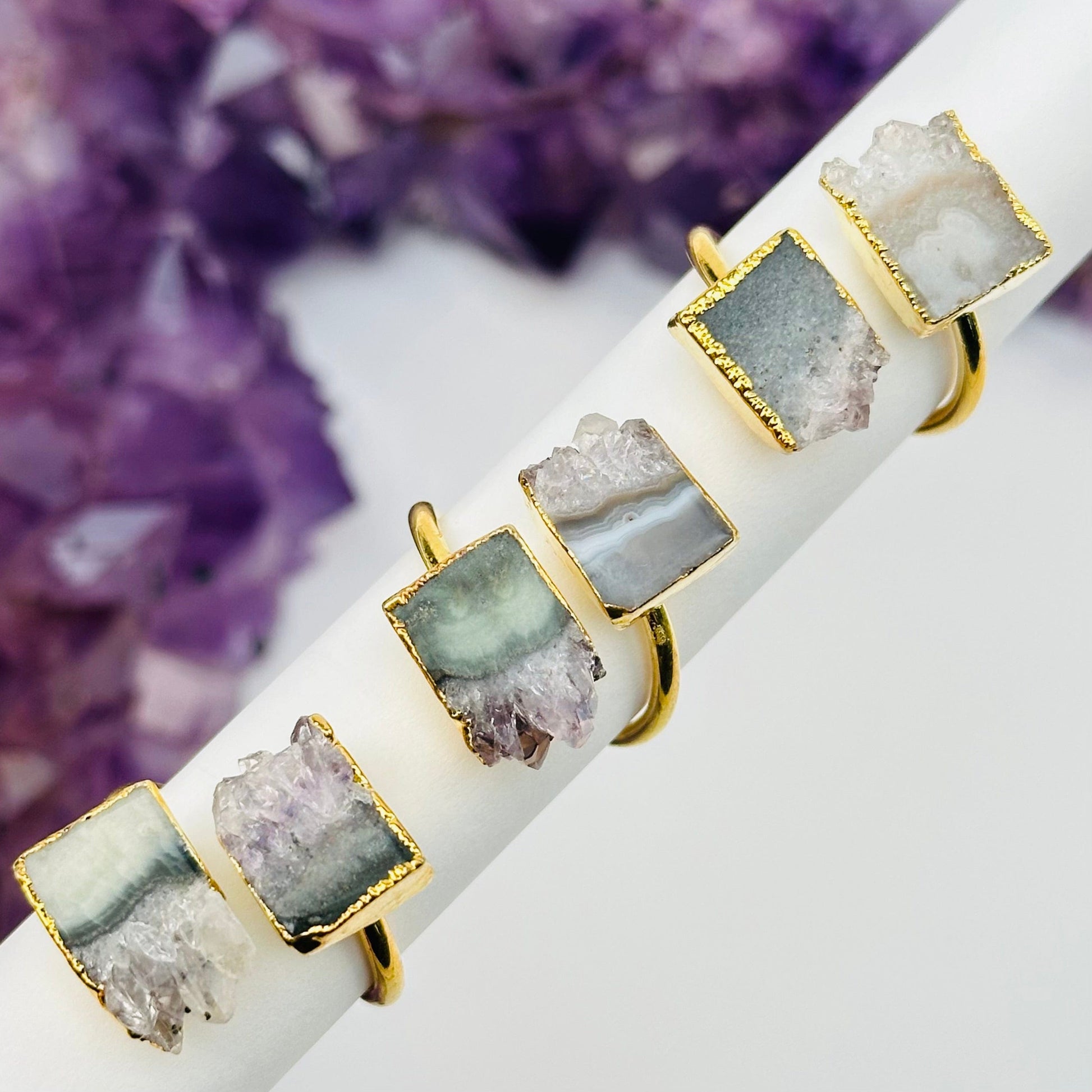 double crystal rings made with amethyst 