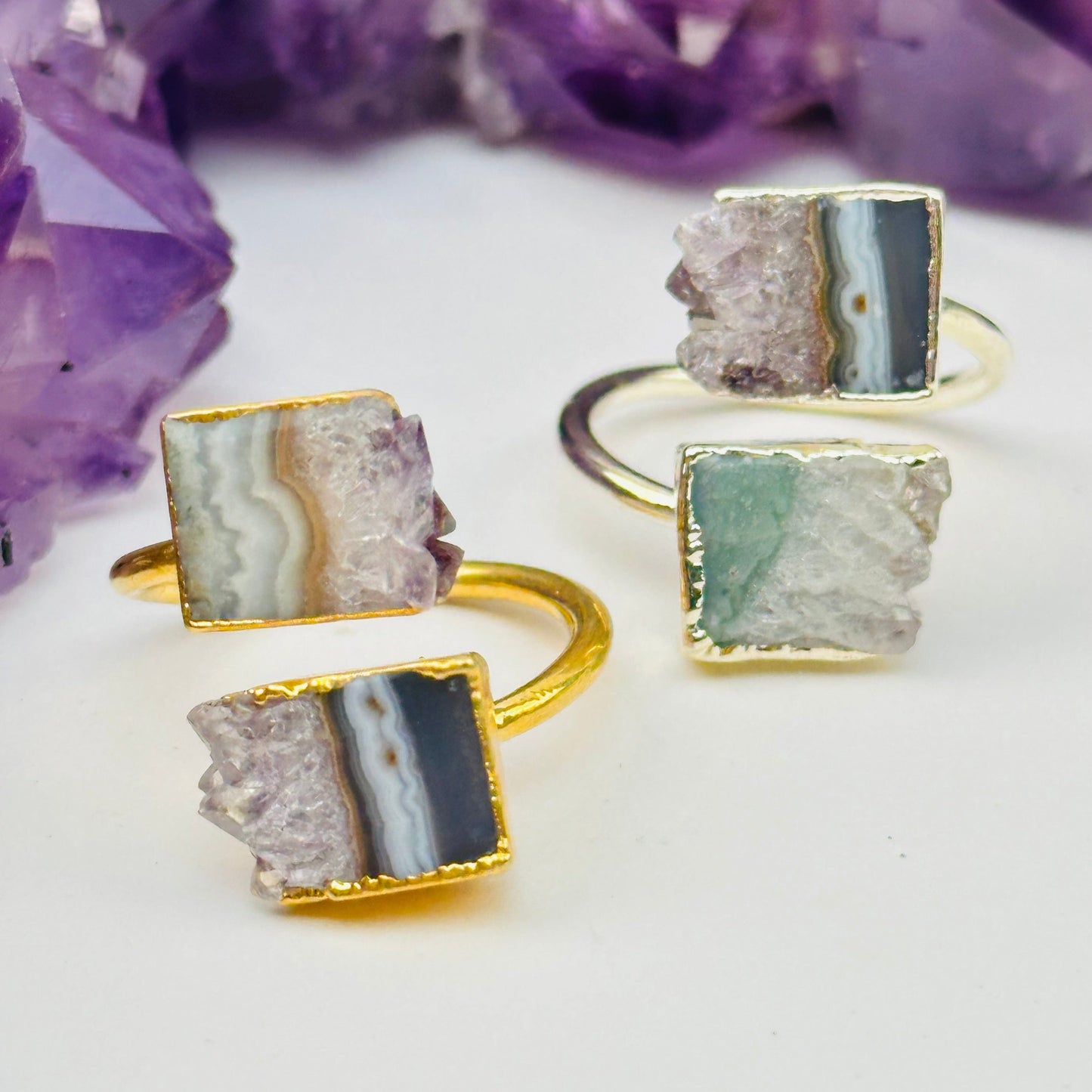 close up of the details on these amethyst crystal rings 