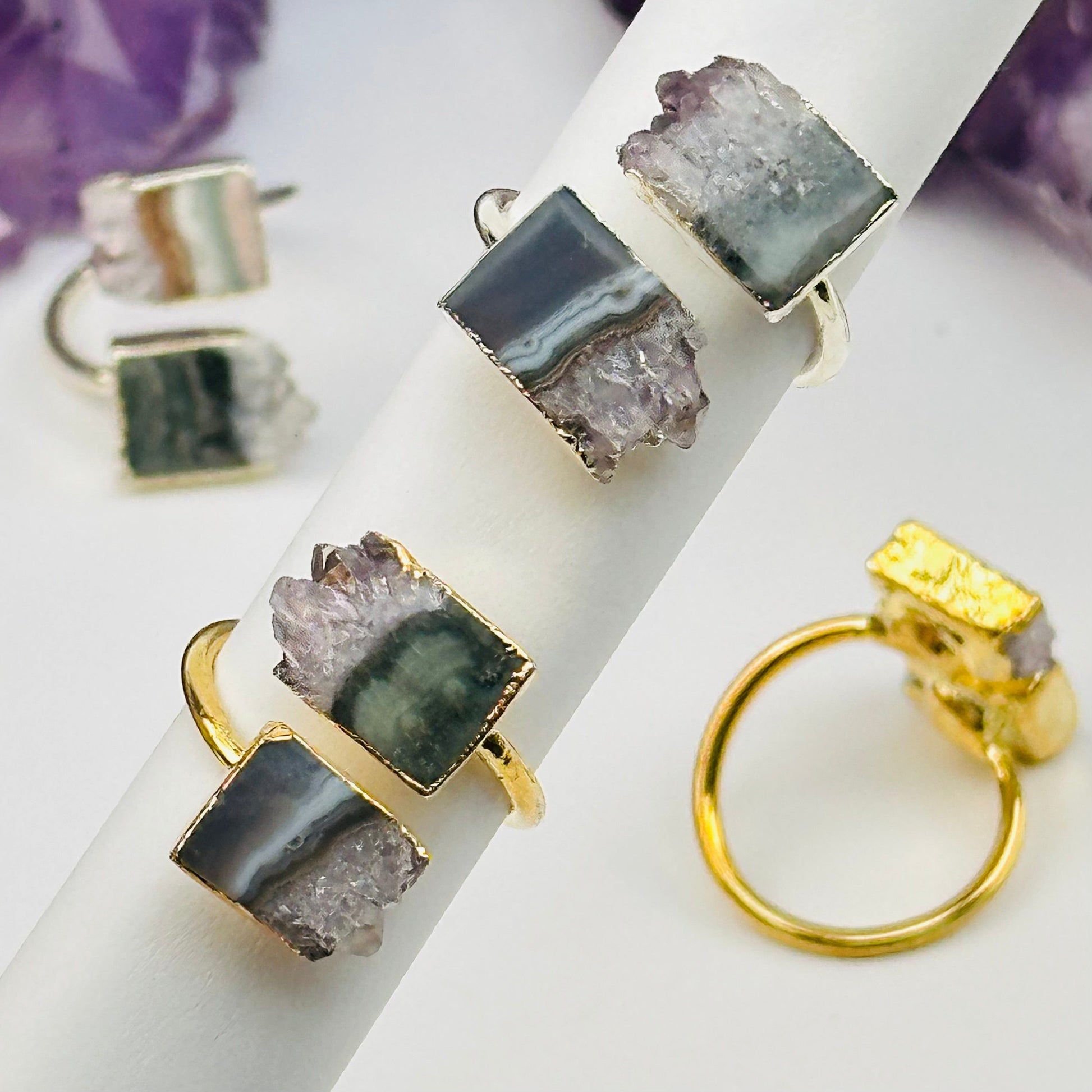 amethyst crystal rings come in gold or silver 