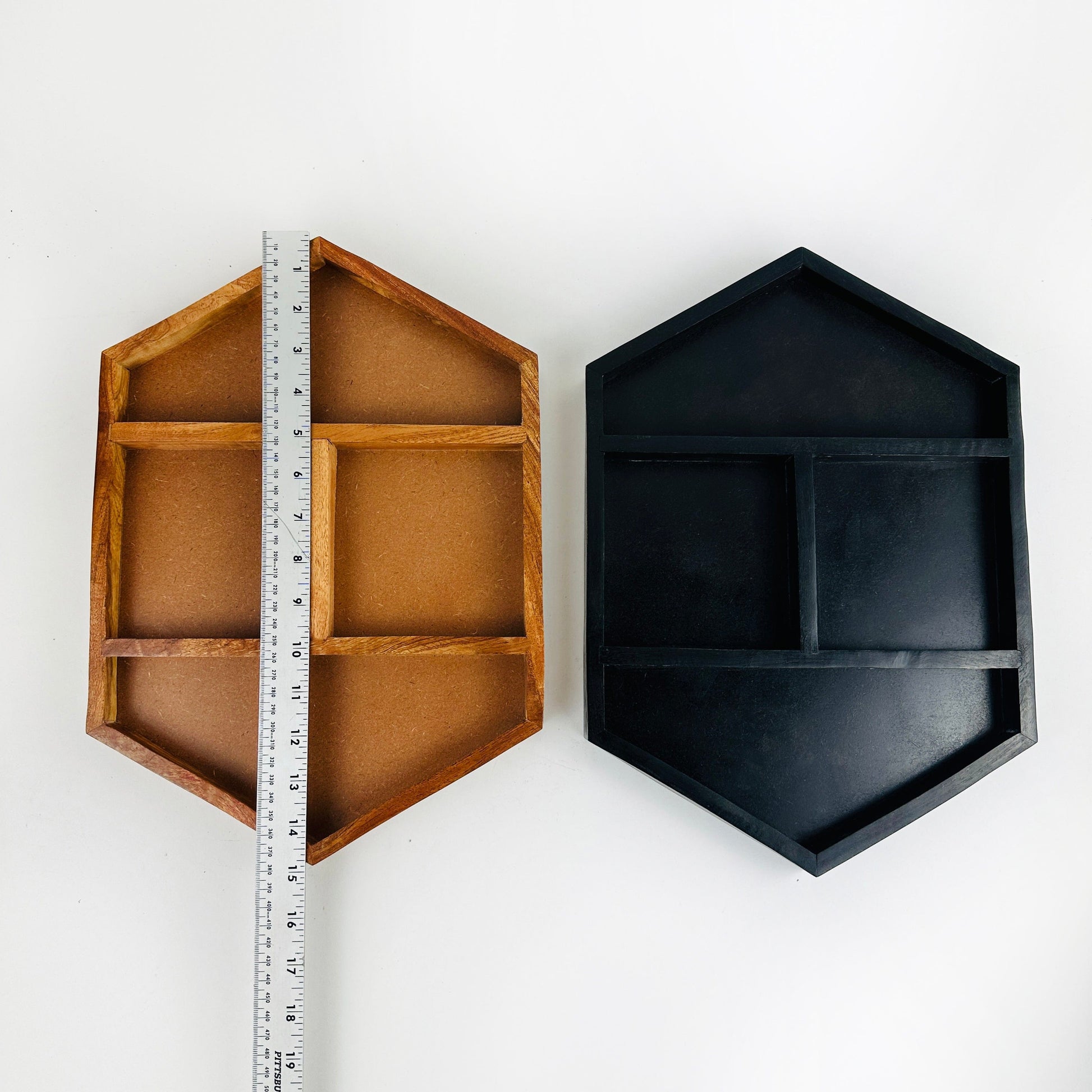 Crystal Display Wood Tray with a ruler for size reference