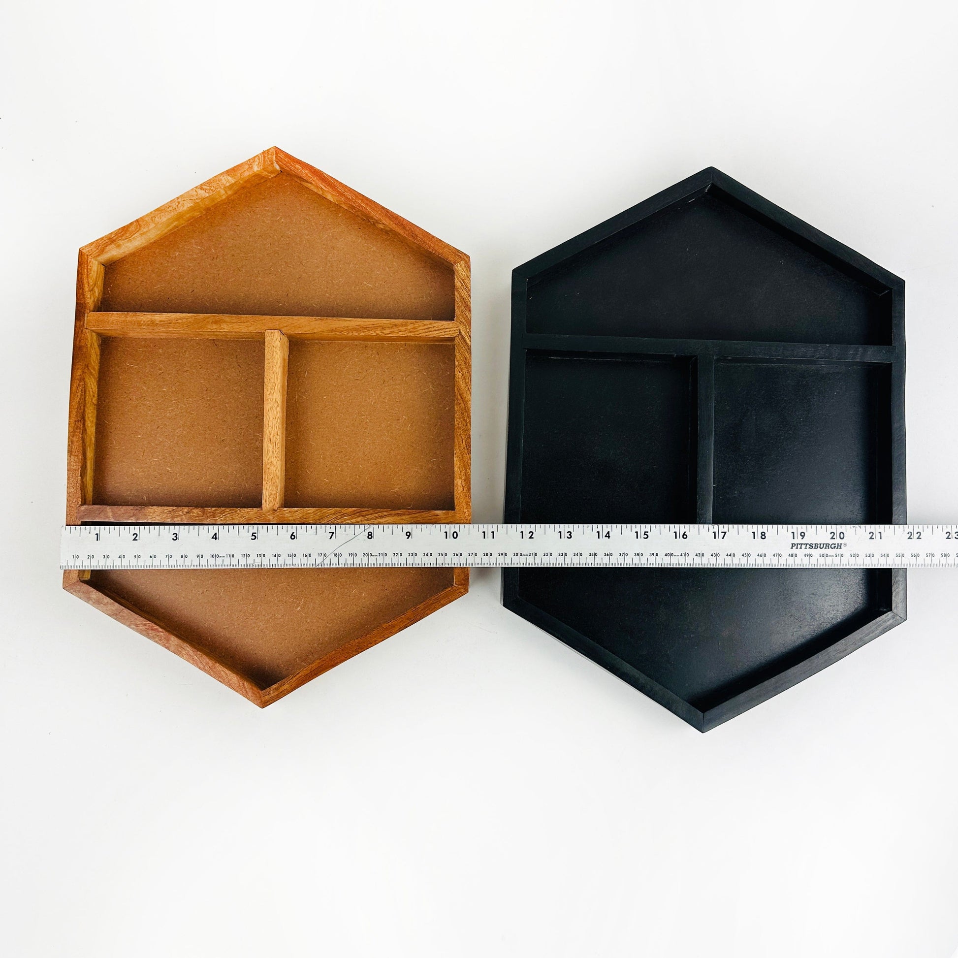 Crystal Display Wood Tray with a ruler for size reference