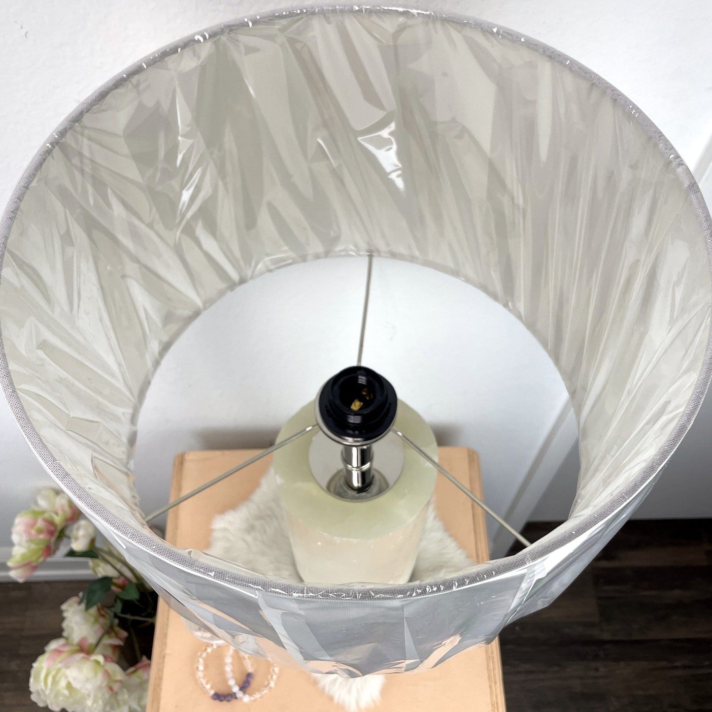 overhead view of selenite lamp with silver base for lamp shade details