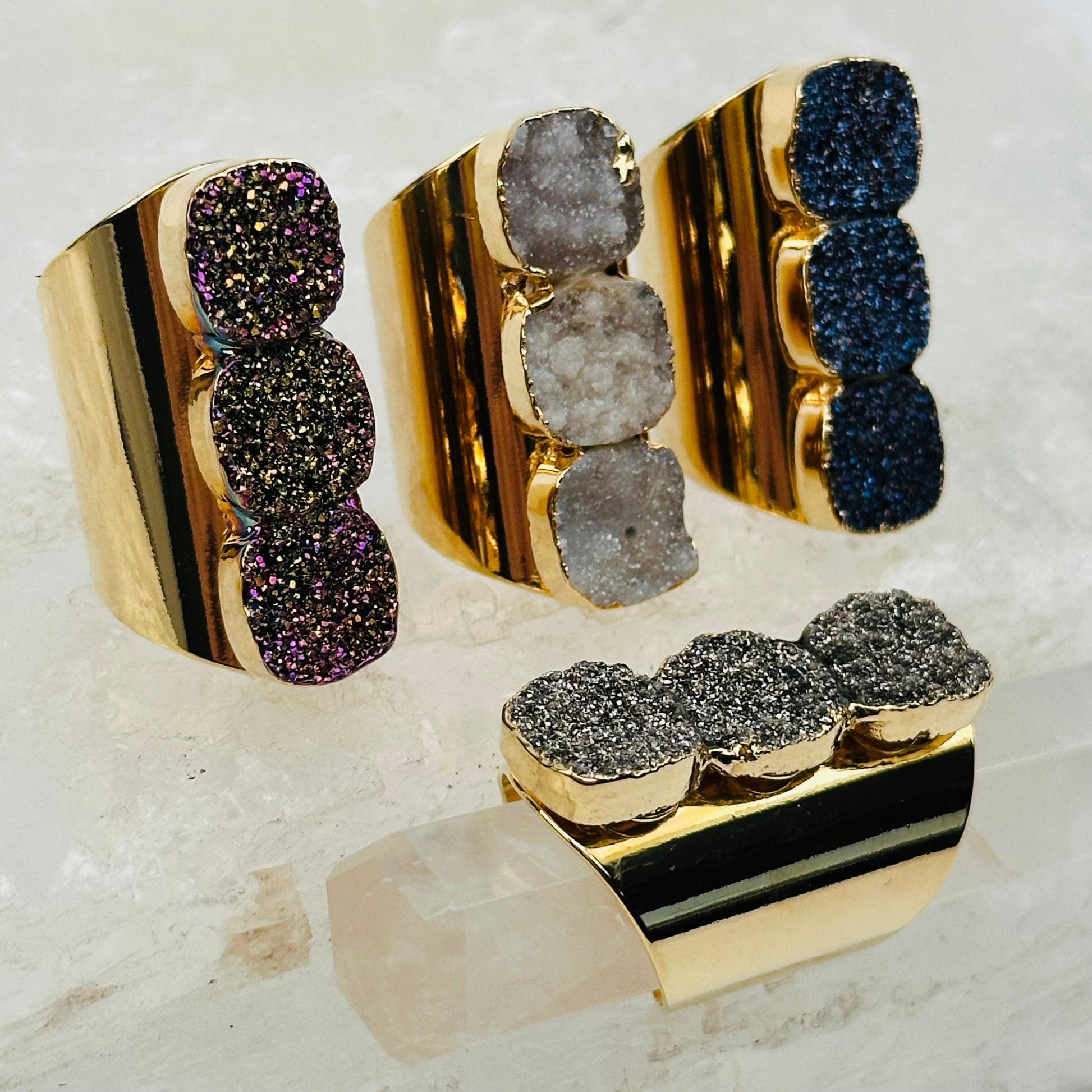 druzy rings displayed to show the differences in the styles available 