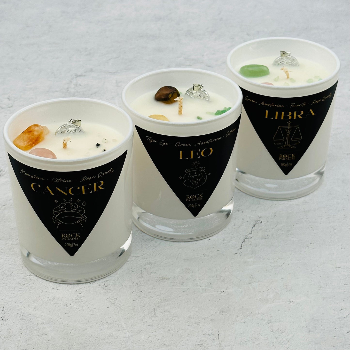 multiple candles displayed to show the differences in the crystal types.