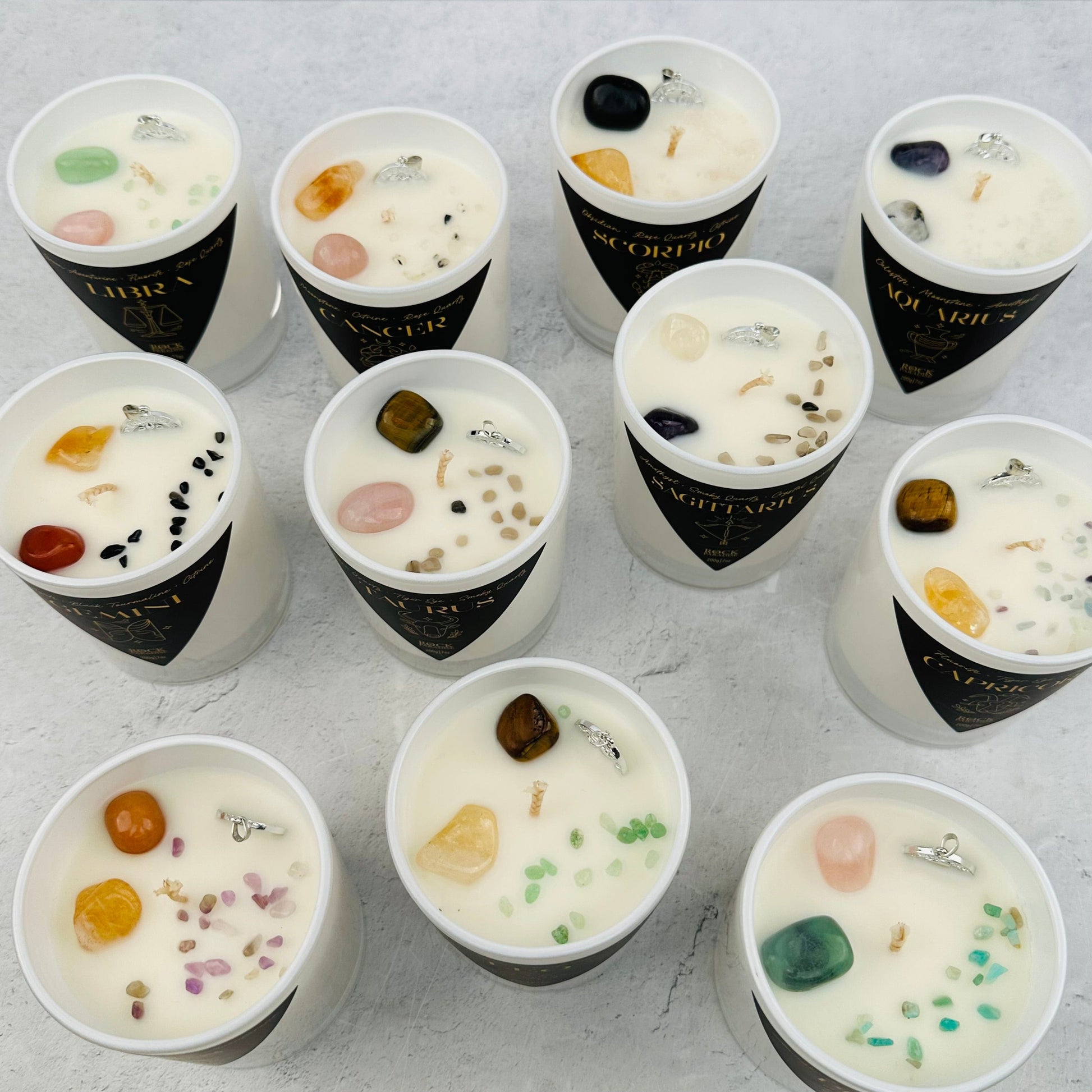 multiple candles displayed to show the differences in the crystals 