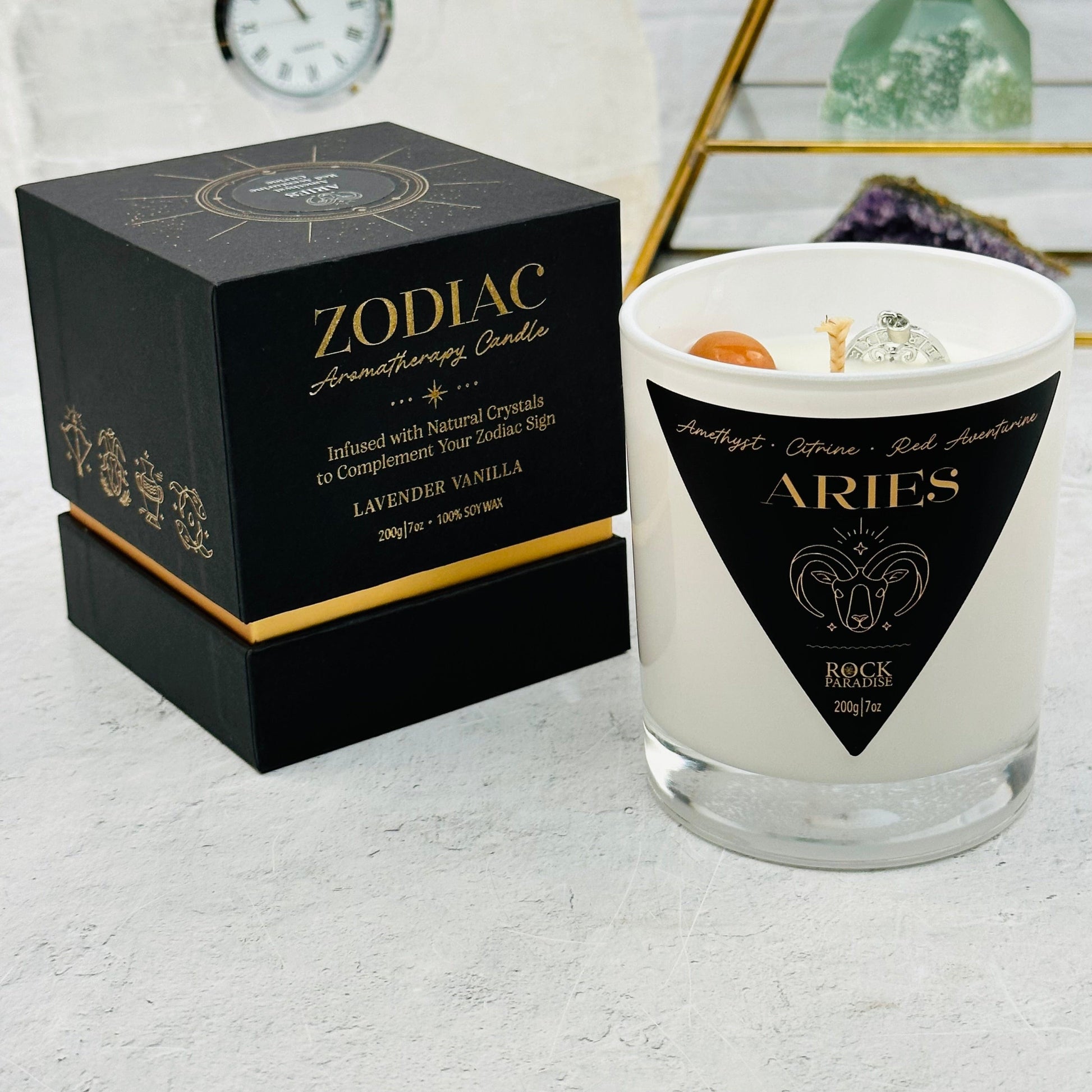 candles come in a box with some information of the crystals 