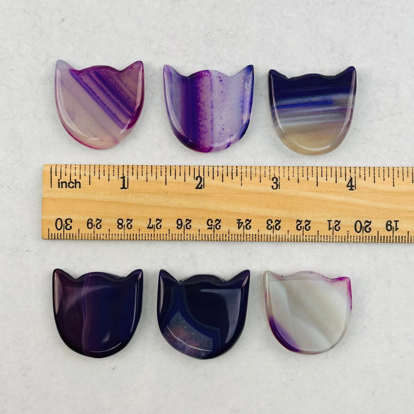 cat head cabochons next to a ruler for size reference   