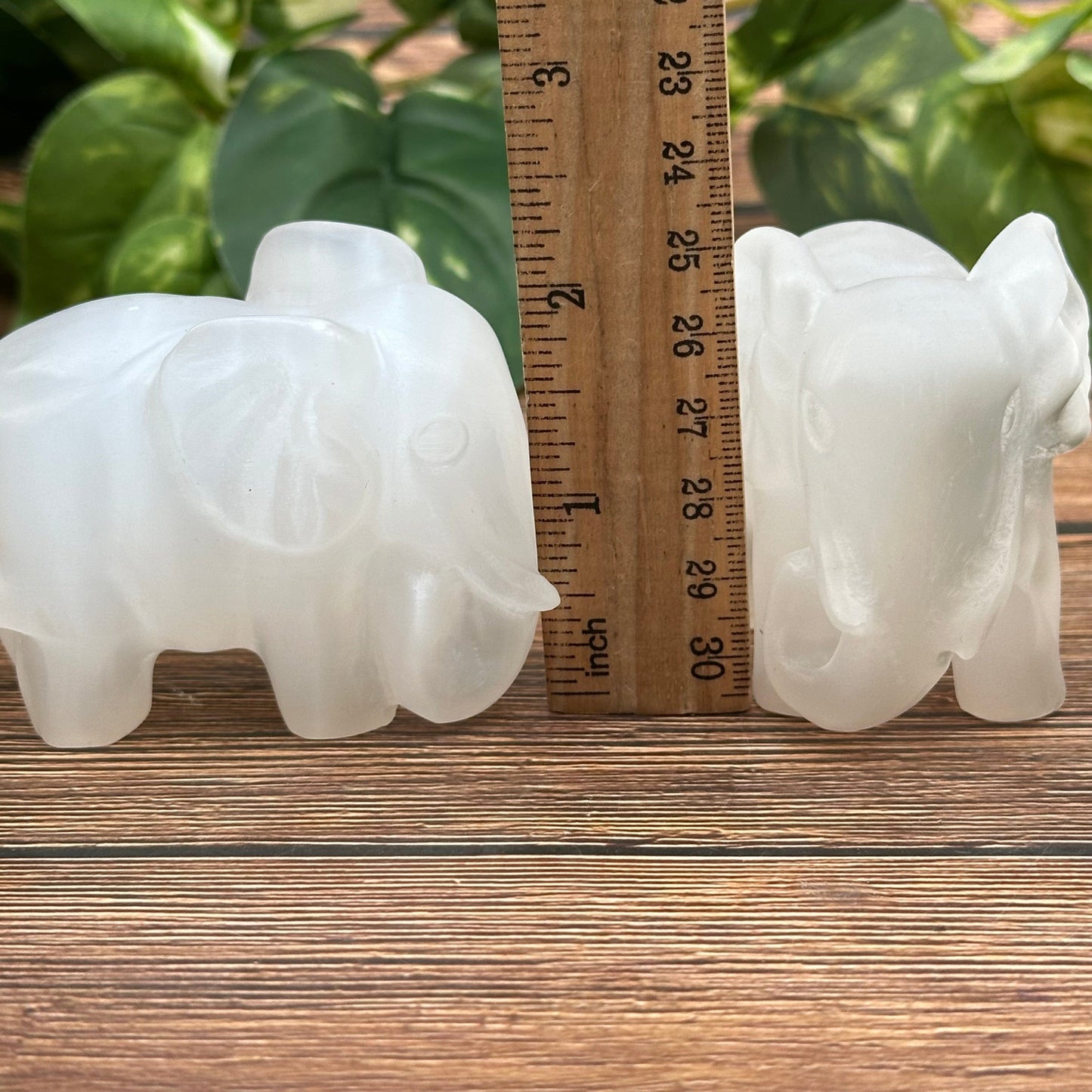 selenite elephant displayed next to a ruler for size reference 
