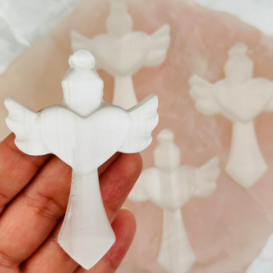 close up of the details on this selenite cross