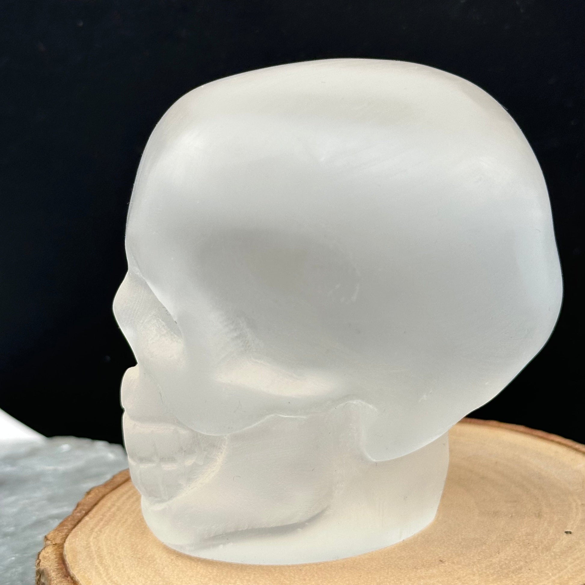 close up of the engraved details on this crystal skull 