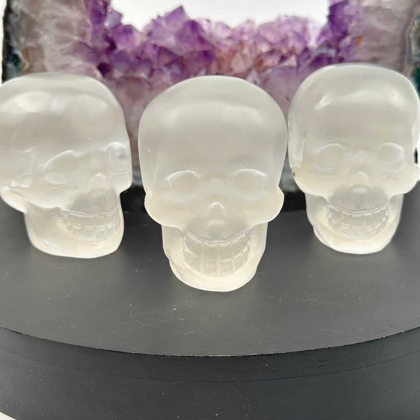 selenite skulls displayed as home decor 